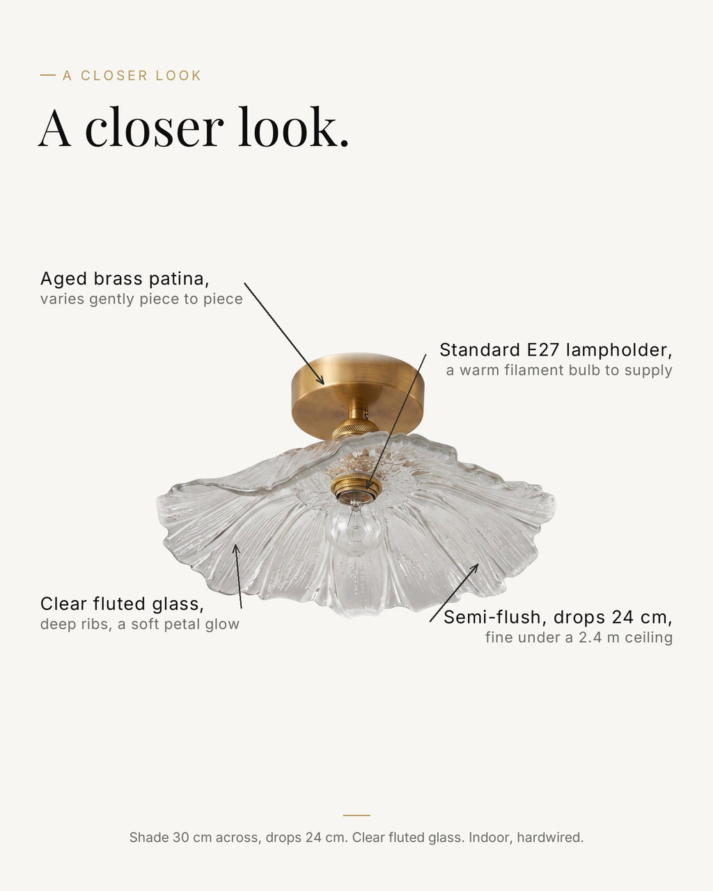A closer look at the antique brass light: clear fluted glass, standard E27 lampholder, aged brass patina, semi-flush drops 24 cm
