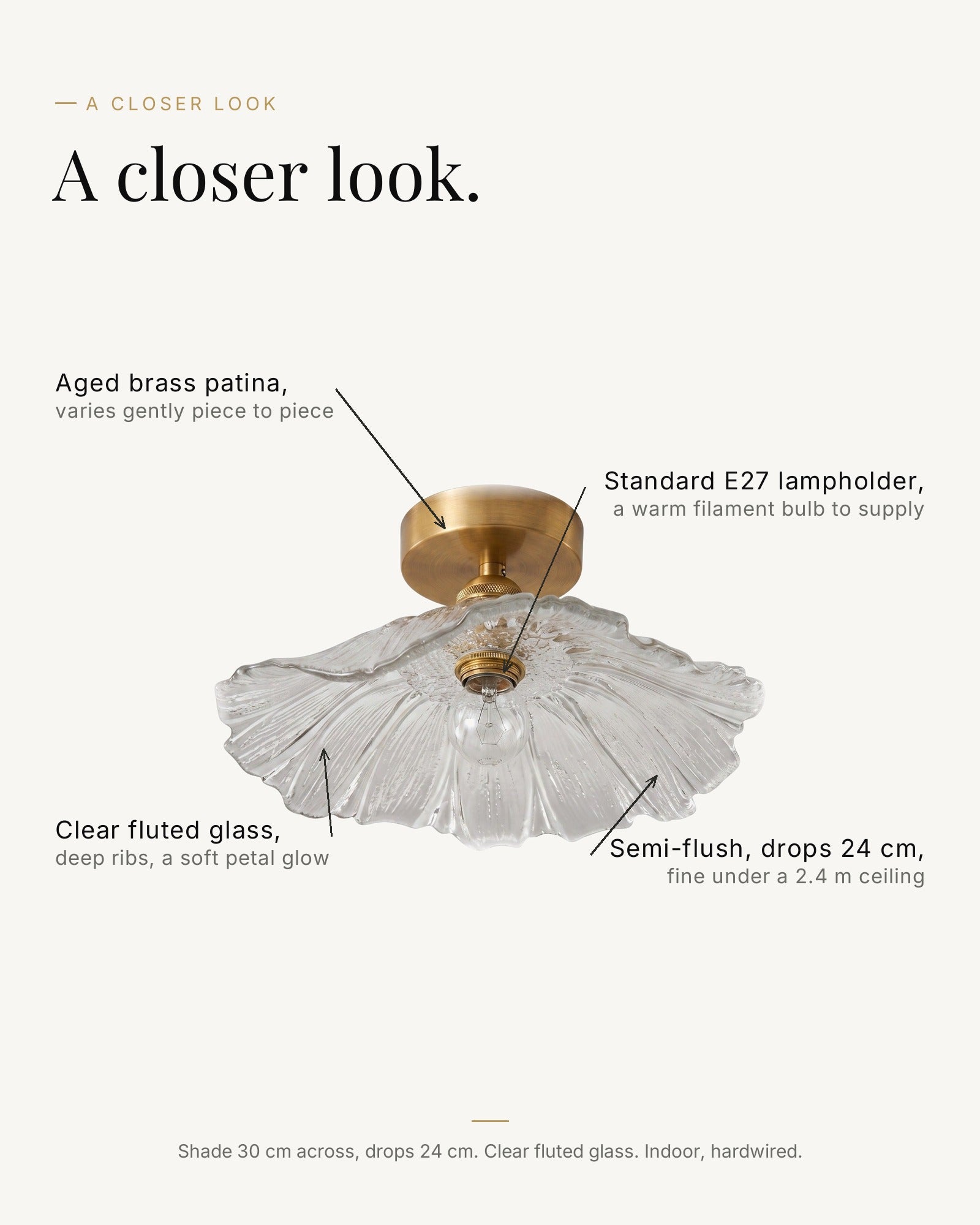 A closer look at the antique brass light: clear fluted glass, standard E27 lampholder, aged brass patina, semi-flush drops 24 cm