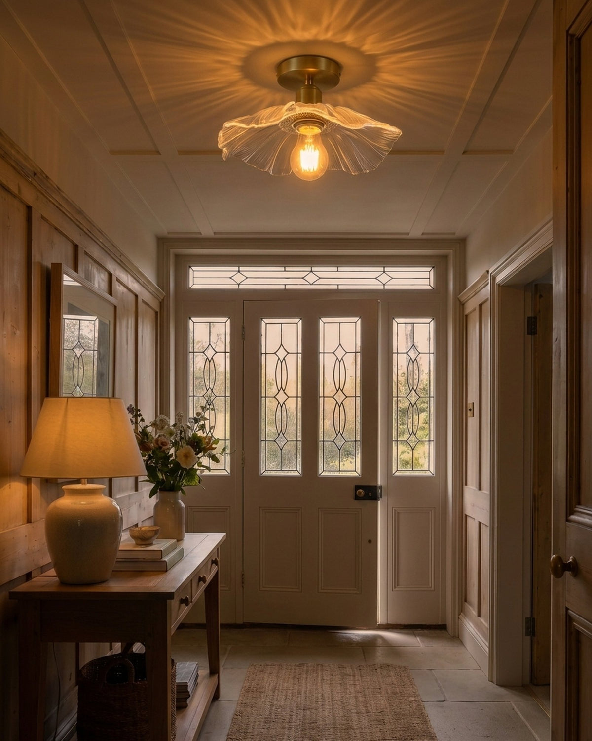 Antique Brass Semi-Flush Fluted Glass Light