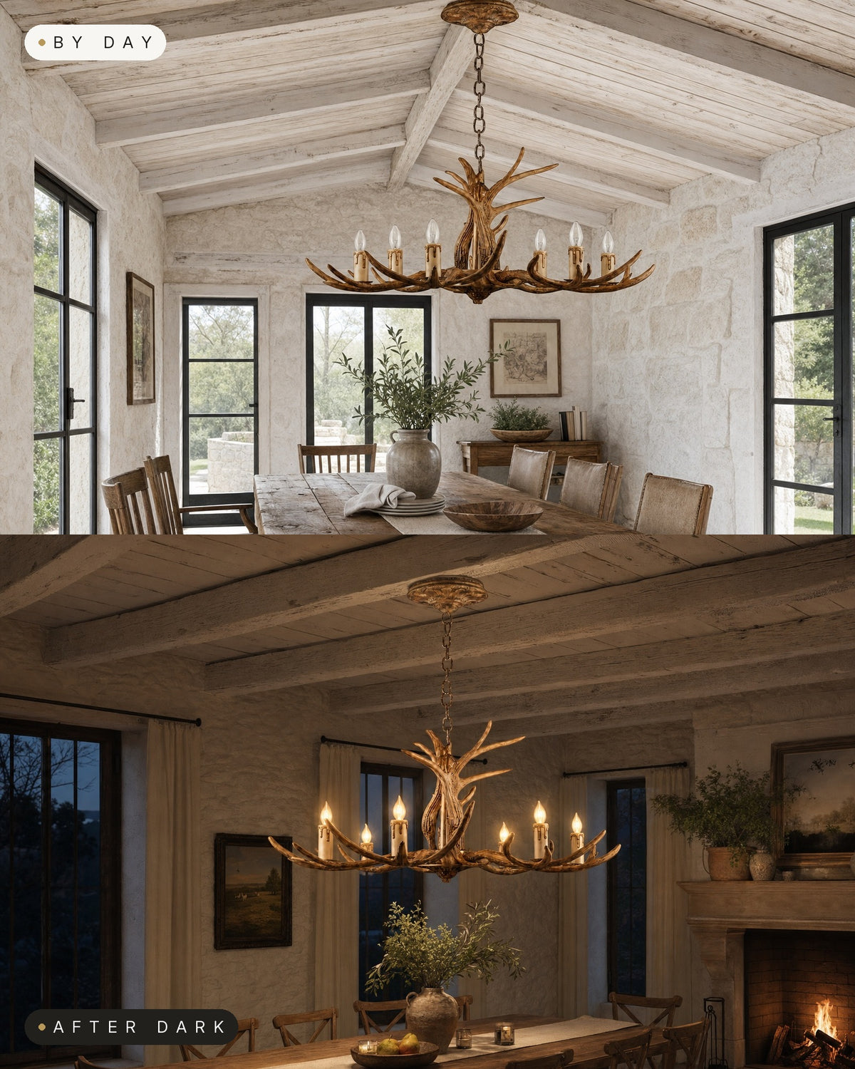 The rustic antler chandelier by day switched off and after dark lit warm