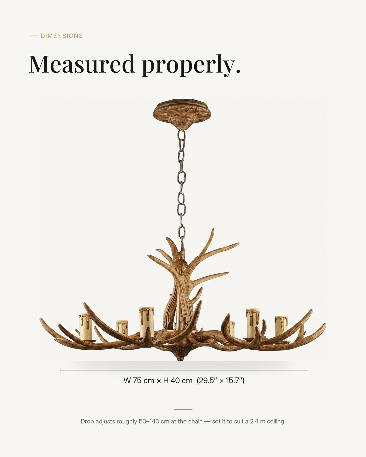 Rustic antler chandelier dimensions, W 75 cm x H 40 cm, chain drop 50-140 cm