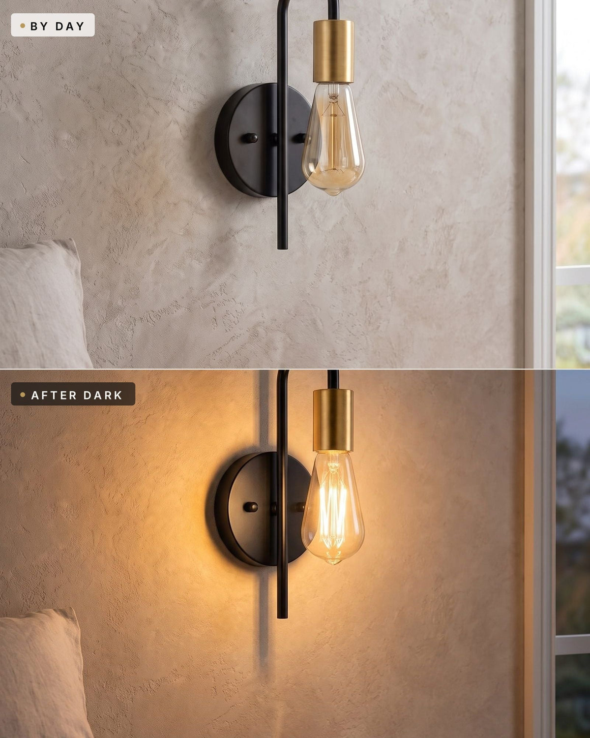 Black & Gold bare bulb industrial wall light, by day switched off and after dark lit, in a UK bedroom