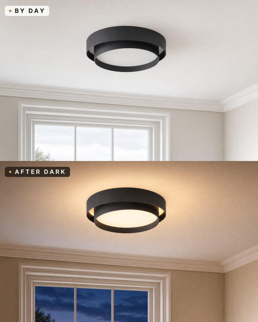 By day and after dark: the black drum ceiling light switched off in daylight, then glowing in the evening