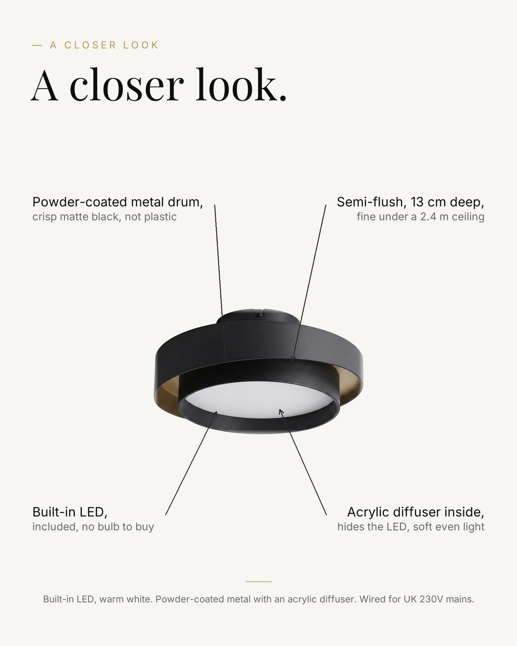 A closer look at the black drum semi-flush ceiling light: powder-coated metal drum, built-in LED, acrylic diffuser inside, semi-flush 13 cm deep