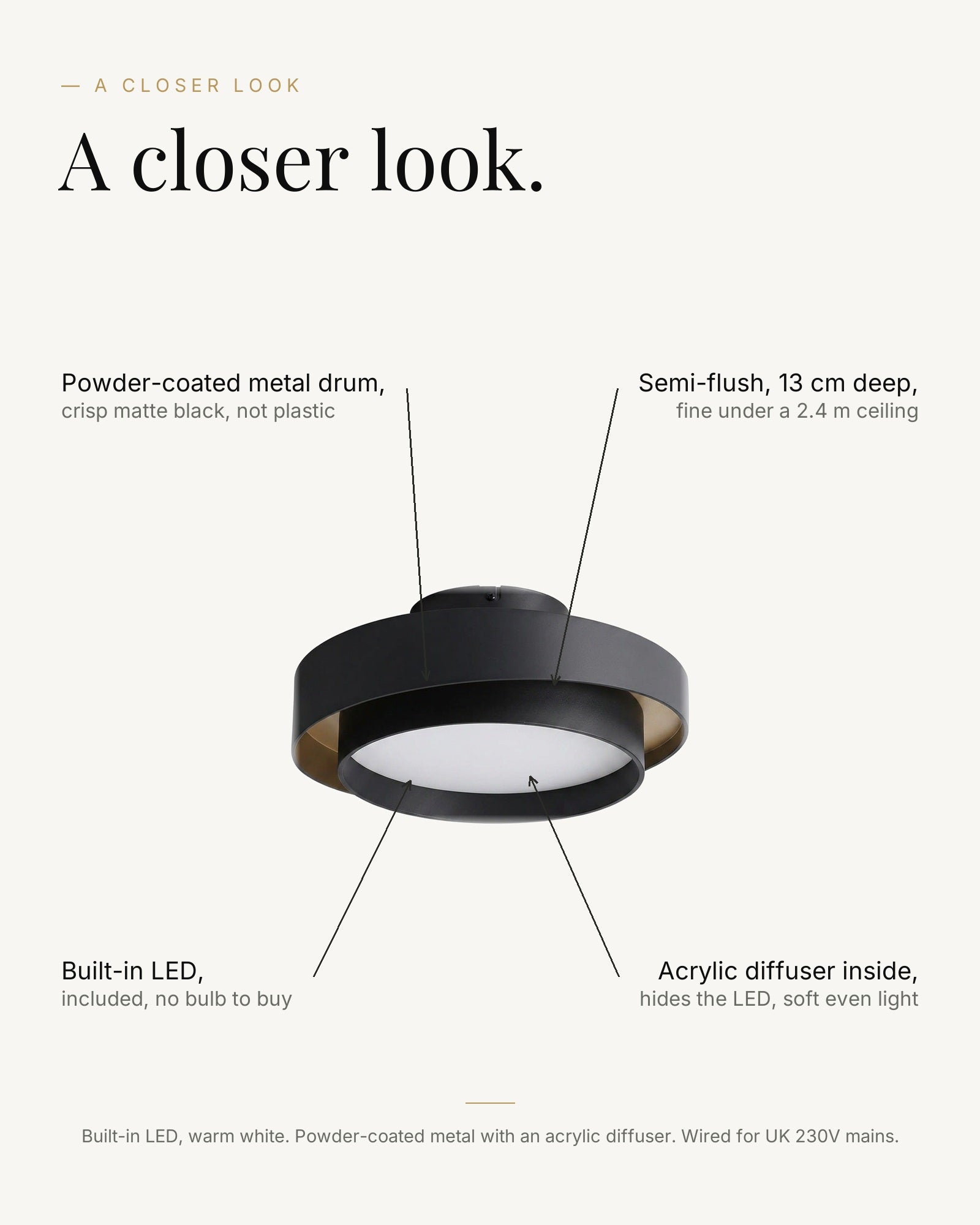 A closer look at the black drum semi-flush ceiling light: powder-coated metal drum, built-in LED, acrylic diffuser inside, semi-flush 13 cm deep