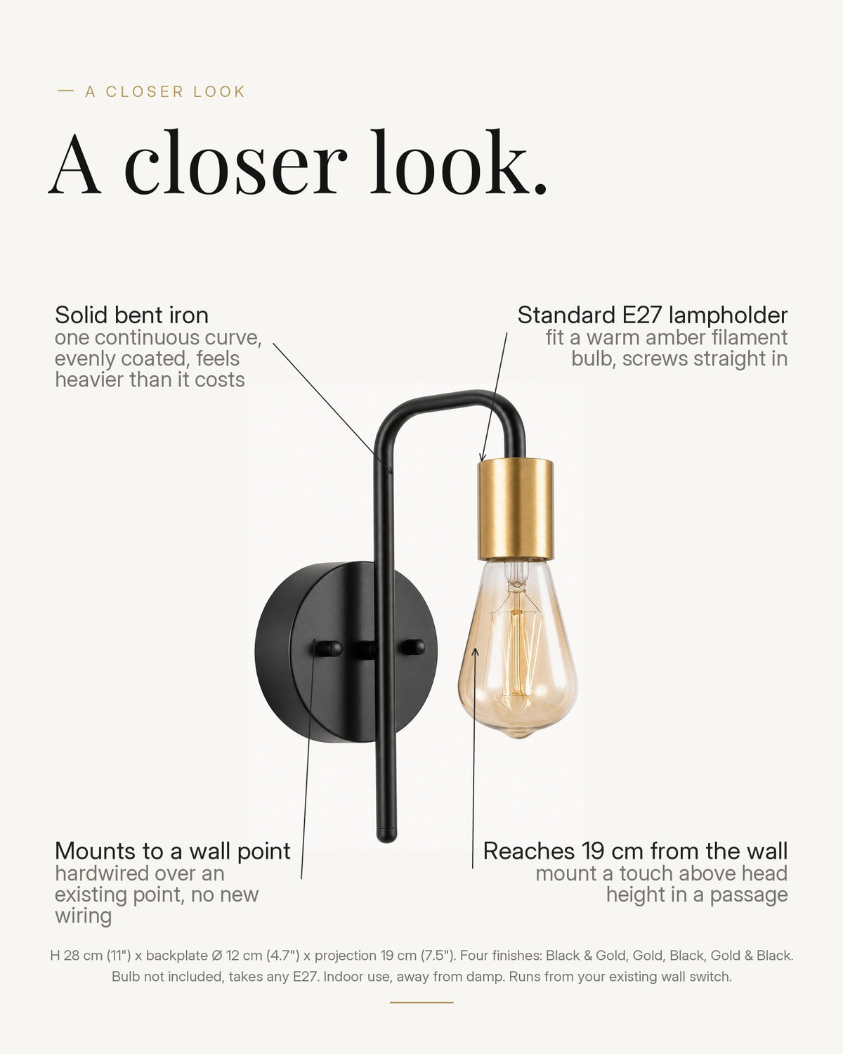 A closer look at the Black and Gold Bare Bulb industrial wall light, with its exposed E27 lampholder, brass-finish arm, wall projection and dimensions labelled.