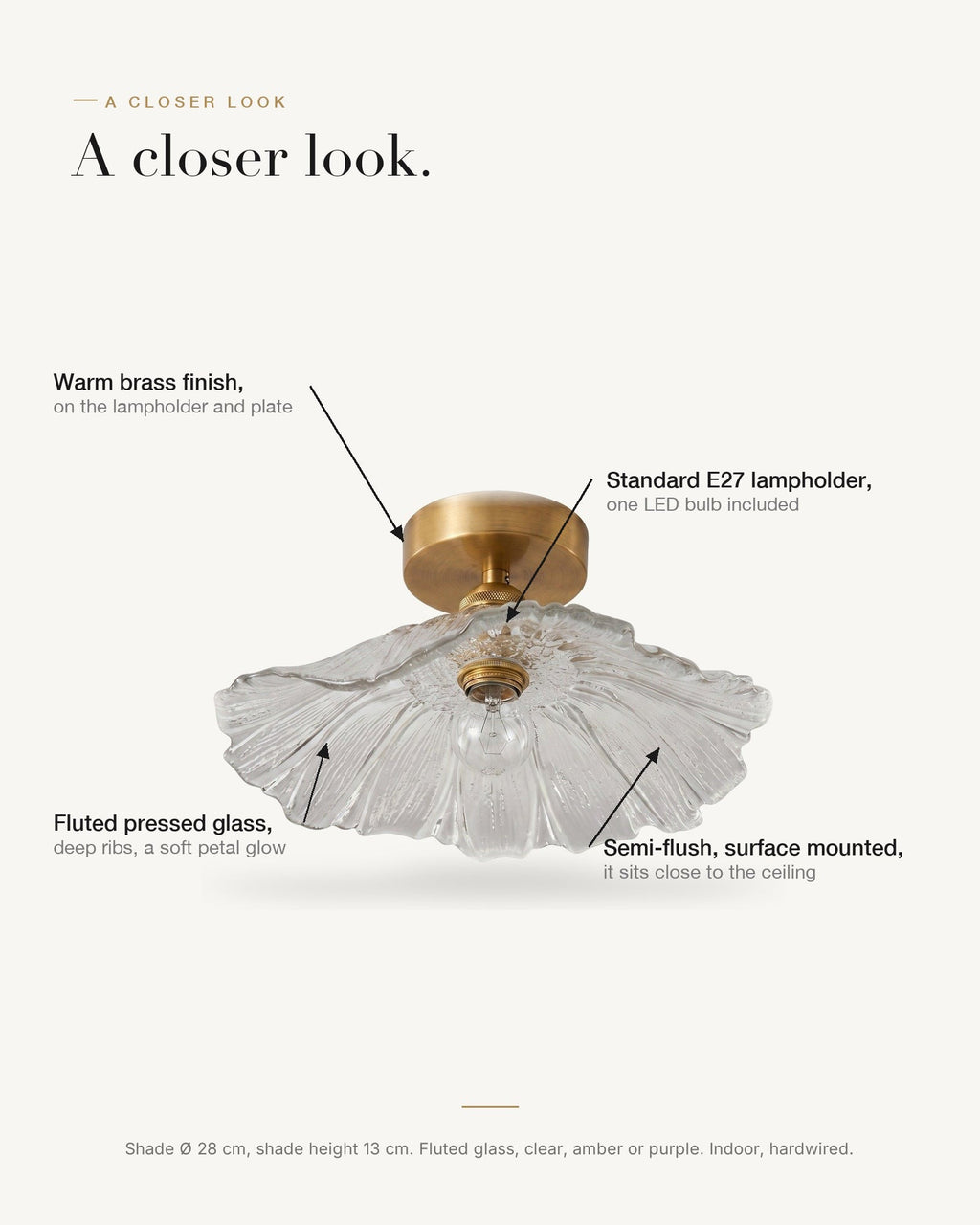 A closer look at the antique brass light: fluted pressed glass, warm brass finish, standard E27 lampholder, semi-flush mounting