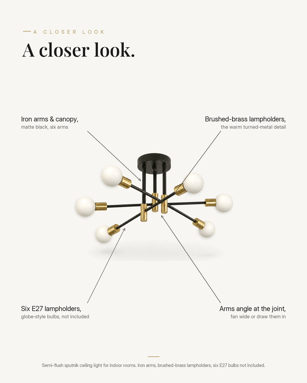 A closer look at the Nordic sputnik 6-light ceiling light: matte-black iron arms and ceiling rose, brushed-brass lampholders, six E27 globe-style bulbs not included, arms that angle at the joint