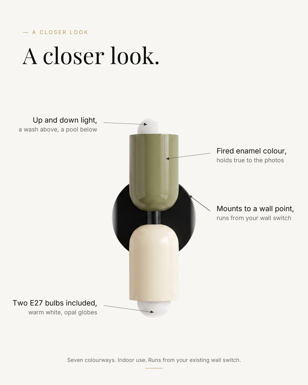 A closer look at the up and down wall light: up and down glow, fired enamel colour, two E27 bulbs included, mounts to a wall point