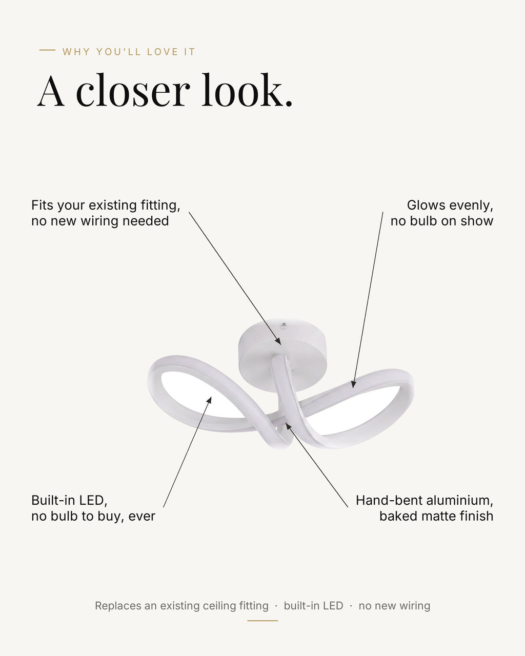 Why you'll love it: glows evenly no bulb on show, built-in LED no bulb to buy, fits your existing fitting no new wiring, hand-bent aluminium