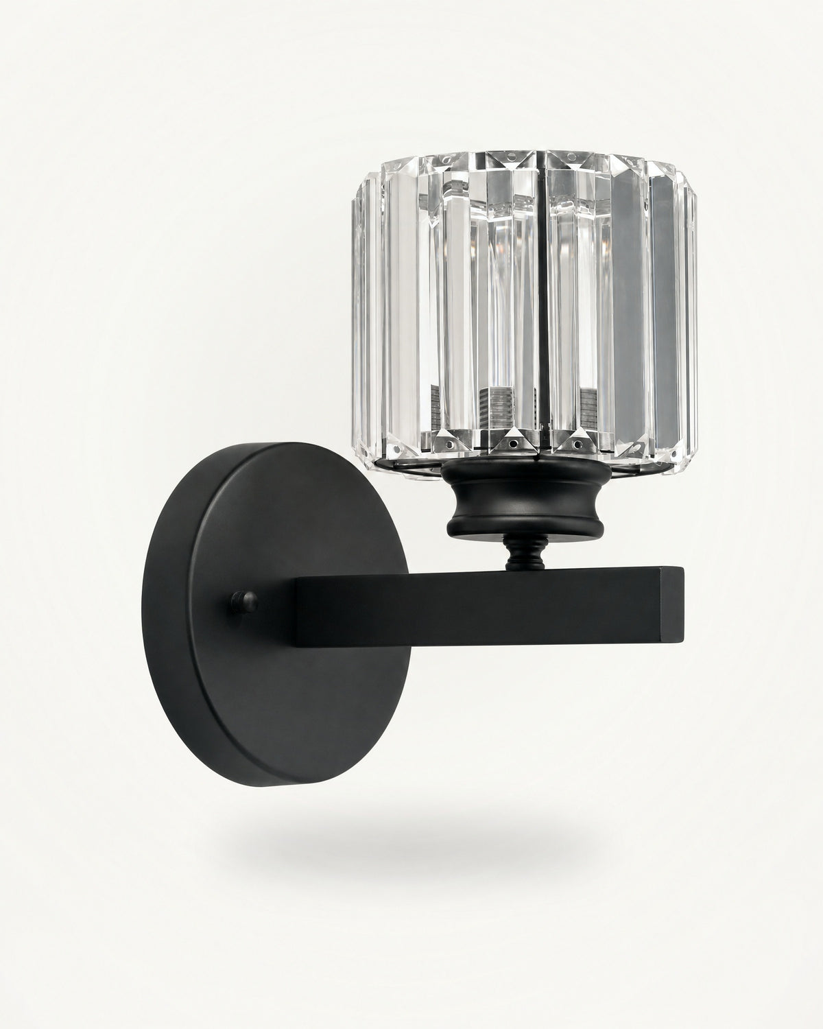 Crystal cylinder Art Deco wall light in matte black with a round faceted crystal-effect shade, 14 cm wide and 24 cm tall overall