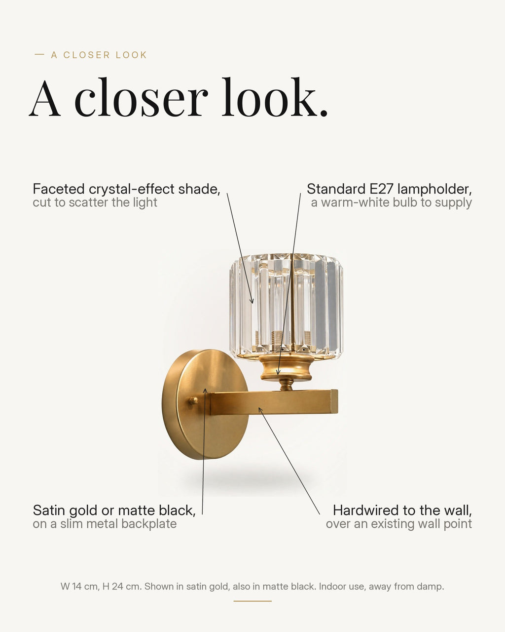 A closer look at the Crystal-Effect Cylinder Art Deco wall light, with its faceted crystal-effect shade, brass-finish backplate, dimensions and E27 lampholder labelled.