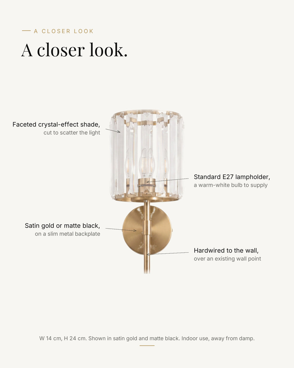 A closer look at the crystal-effect wall light: faceted acrylic shade, E27 lampholder, satin gold or matte black backplate, hardwired to the wall