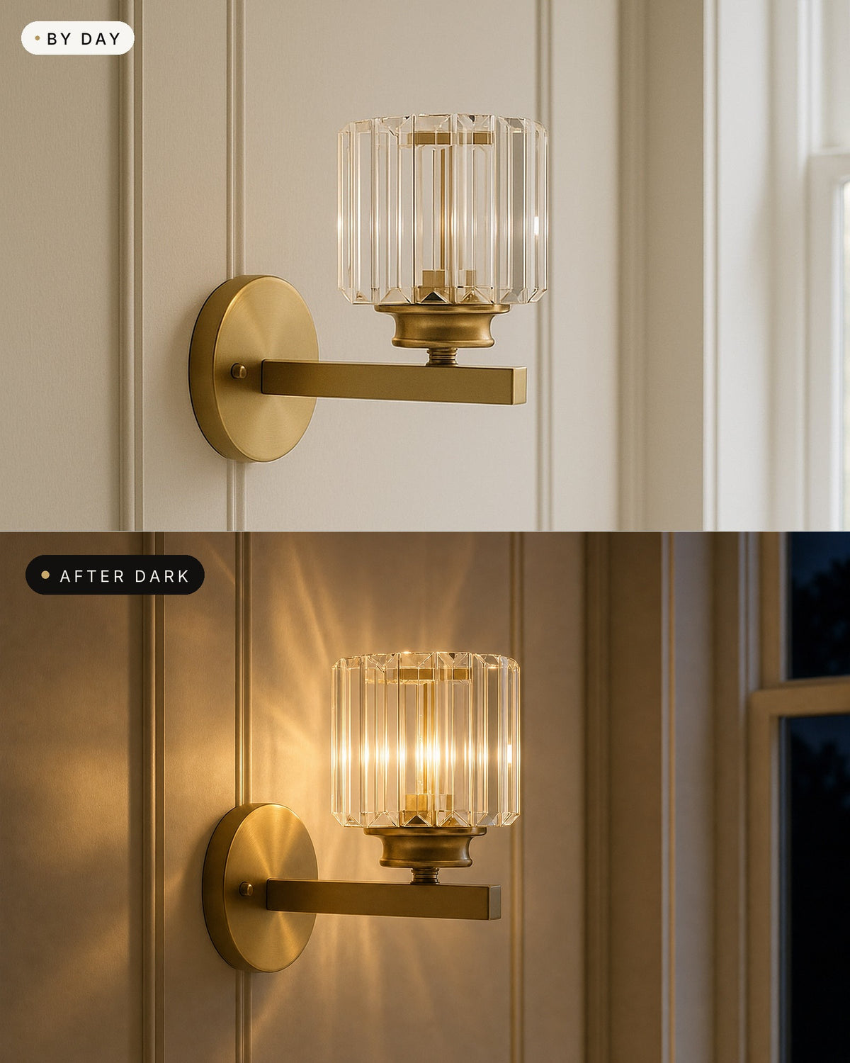 Crystal Cylinder Art Deco wall light by day switched off and after dark glowing warm, casting light patterns, in a UK room