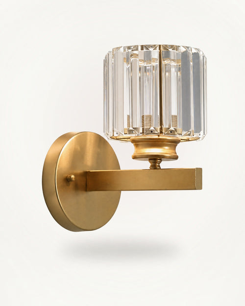 Crystal cylinder Art Deco wall light in satin gold with a round faceted crystal-effect shade, 14 cm wide and 24 cm tall overall