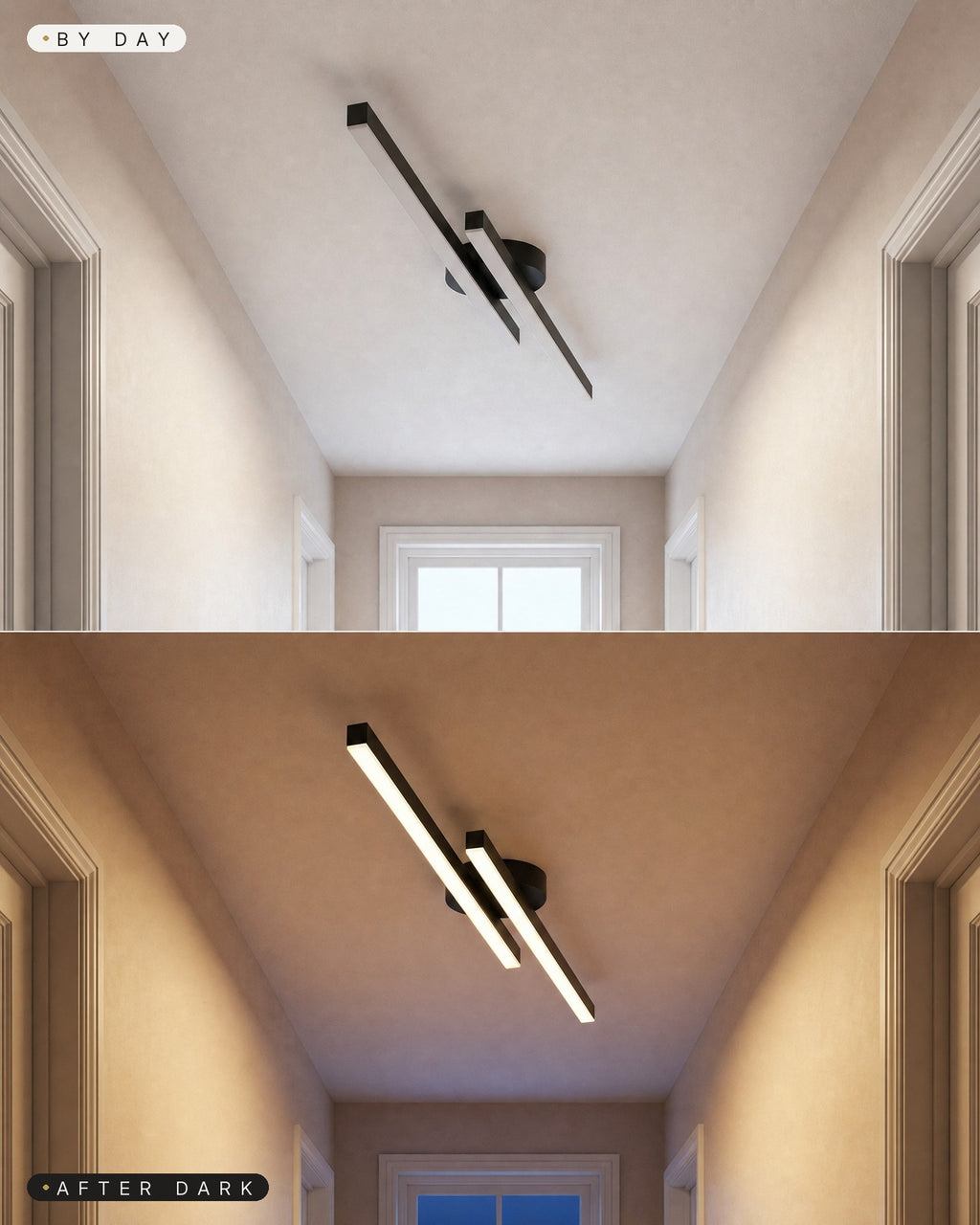 The twin bar LED flush ceiling light by day switched off in a daylit hallway, and after dark switched on and glowing warm in the evening