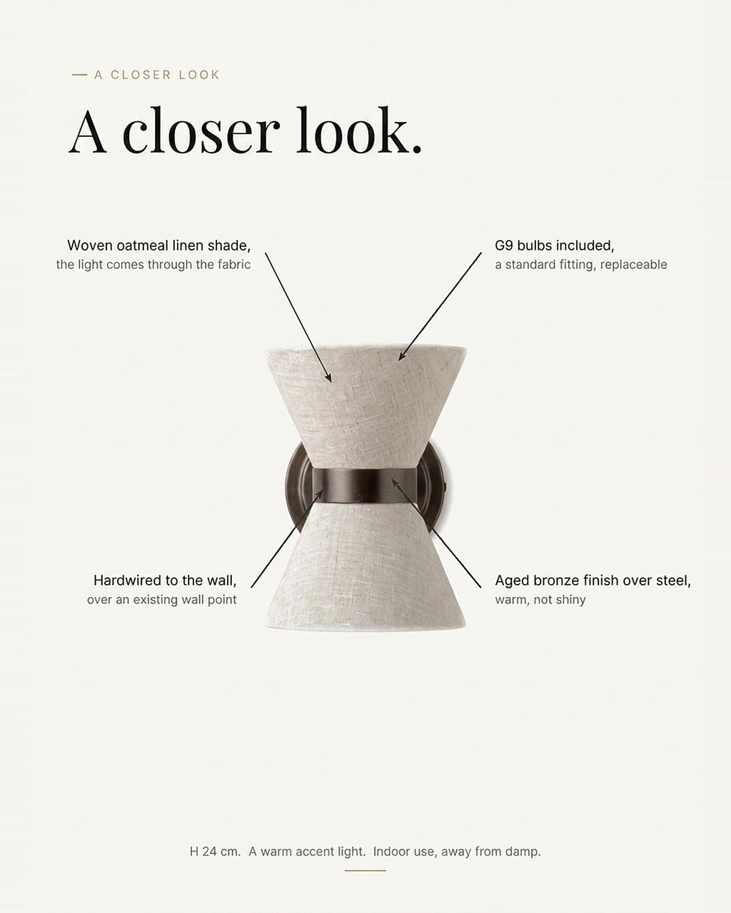 A closer look at the Halston: woven oatmeal linen shade, aged bronze finish over steel, G9 bulbs included, hardwired to the wall