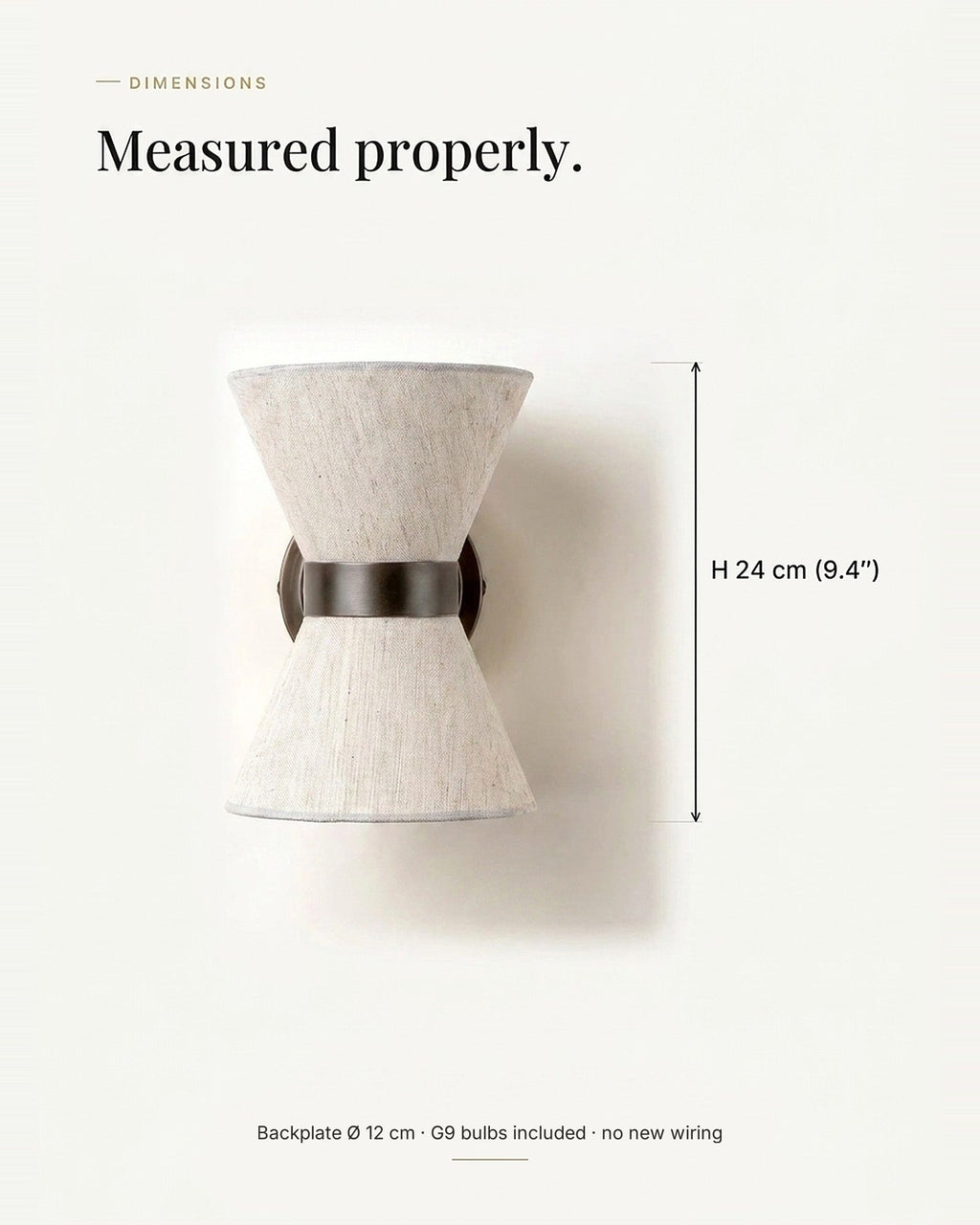Dimensions, H 24 cm, W 24 cm, projects 12 cm from the wall
