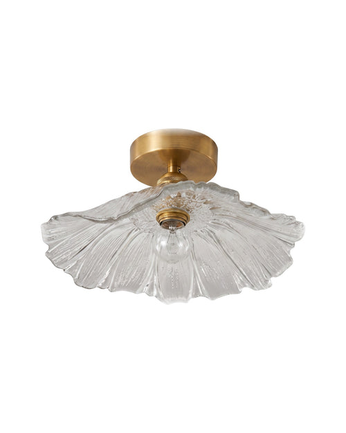 Antique brass semi-flush fluted glass ceiling light on a white background