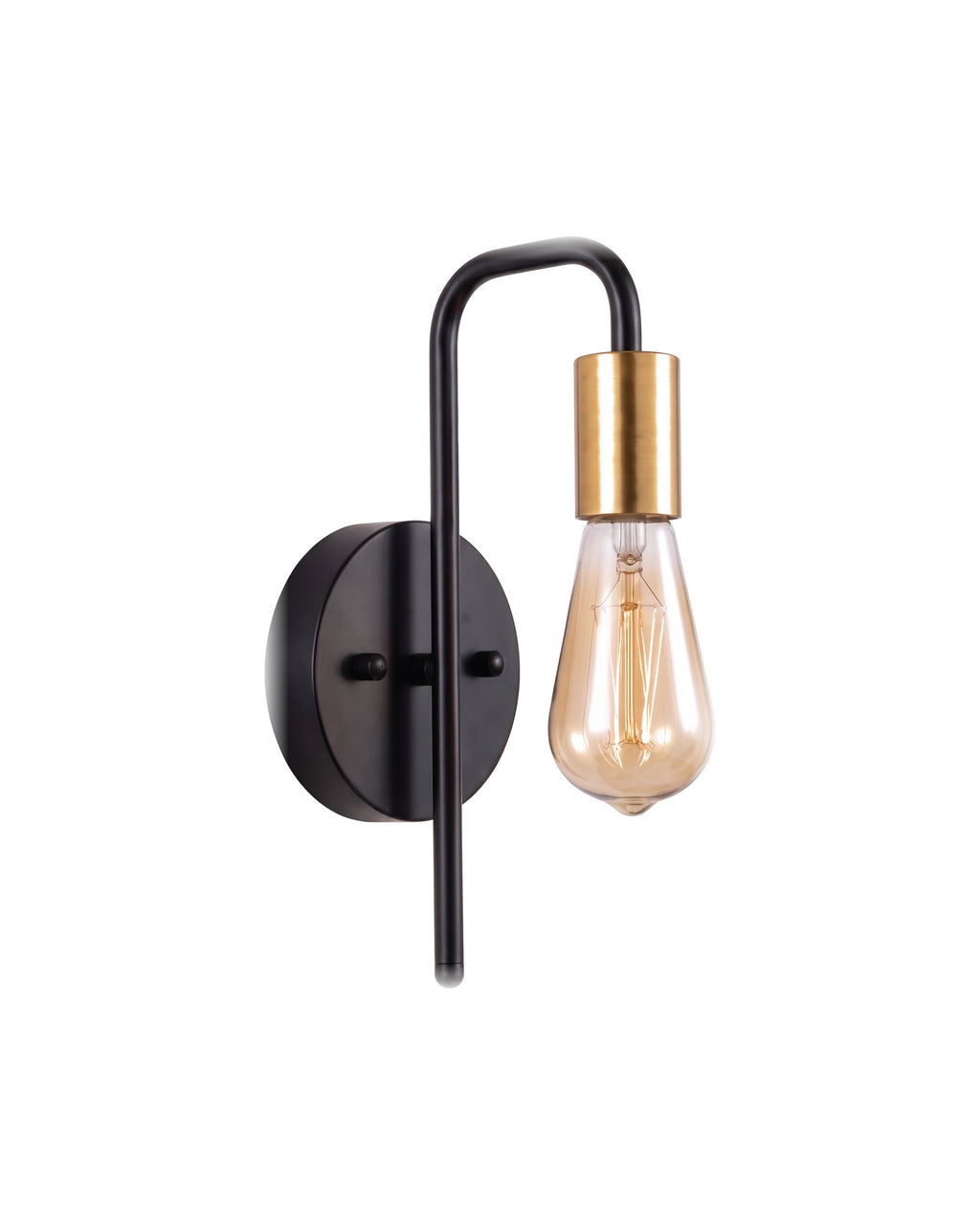 Bare bulb industrial wall light in black and gold on a white background