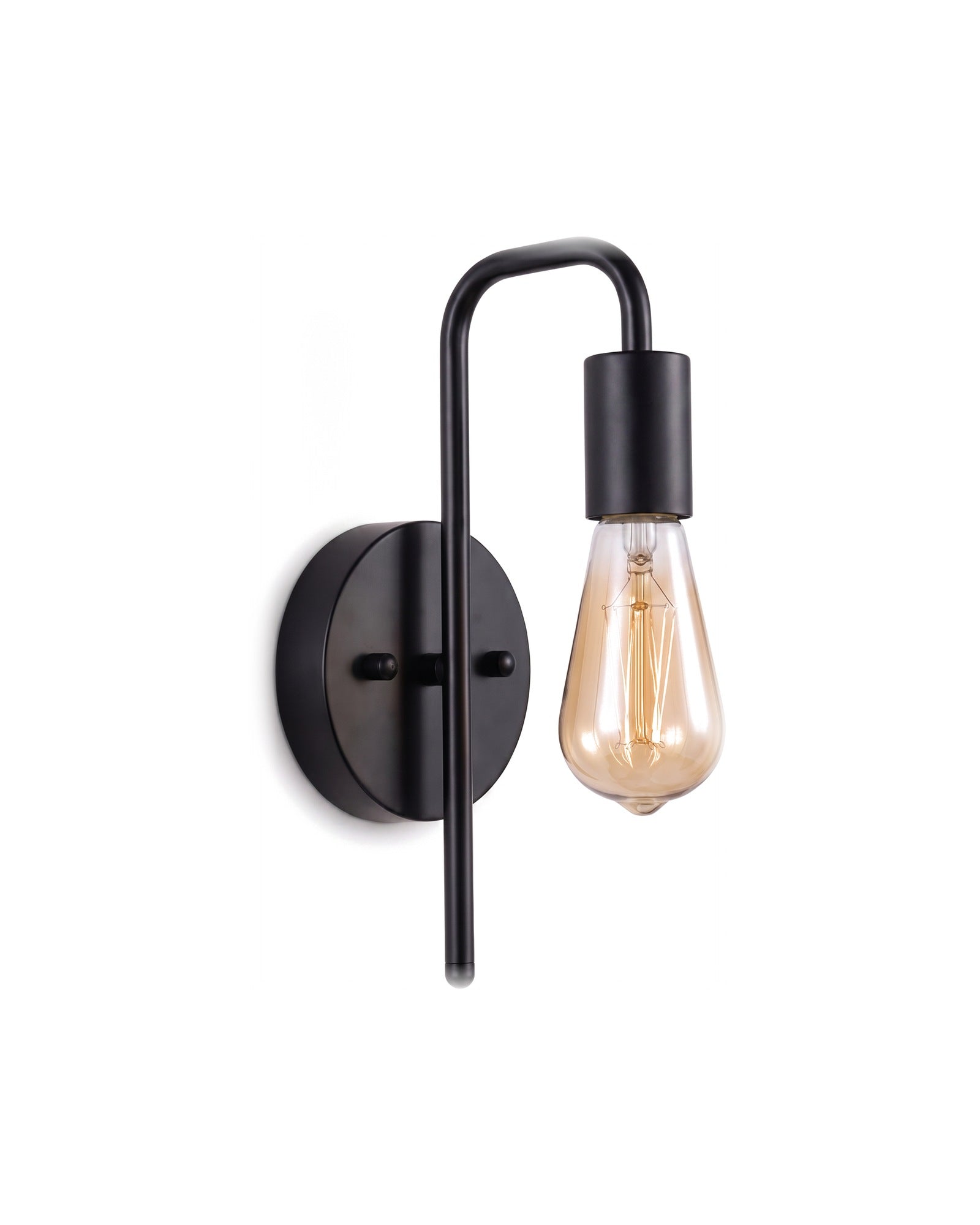 Bare bulb industrial wall light in all black on a white background