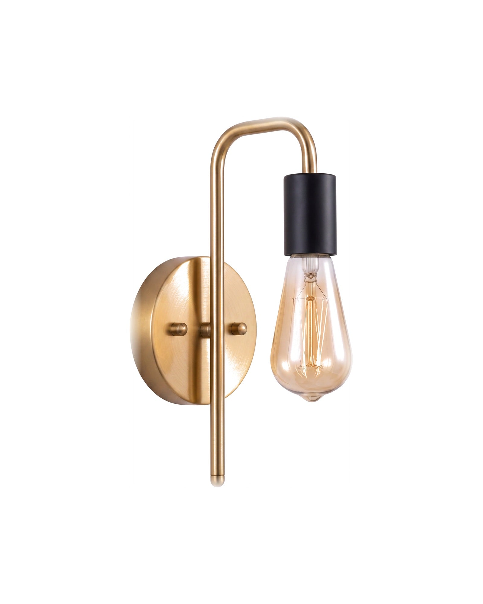 Bare bulb industrial wall light in gold and black on a white background