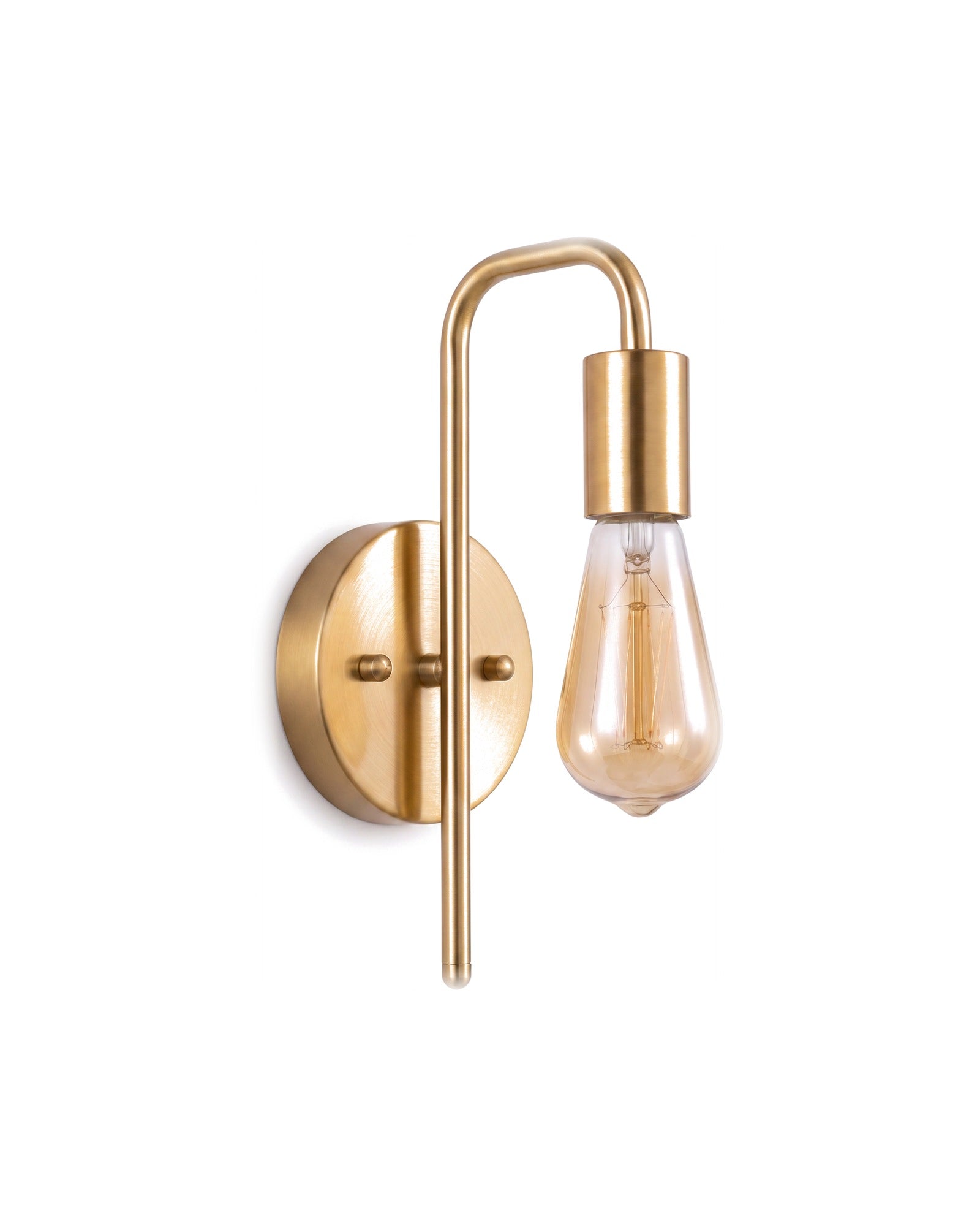 Bare bulb industrial wall light in all gold on a white background
