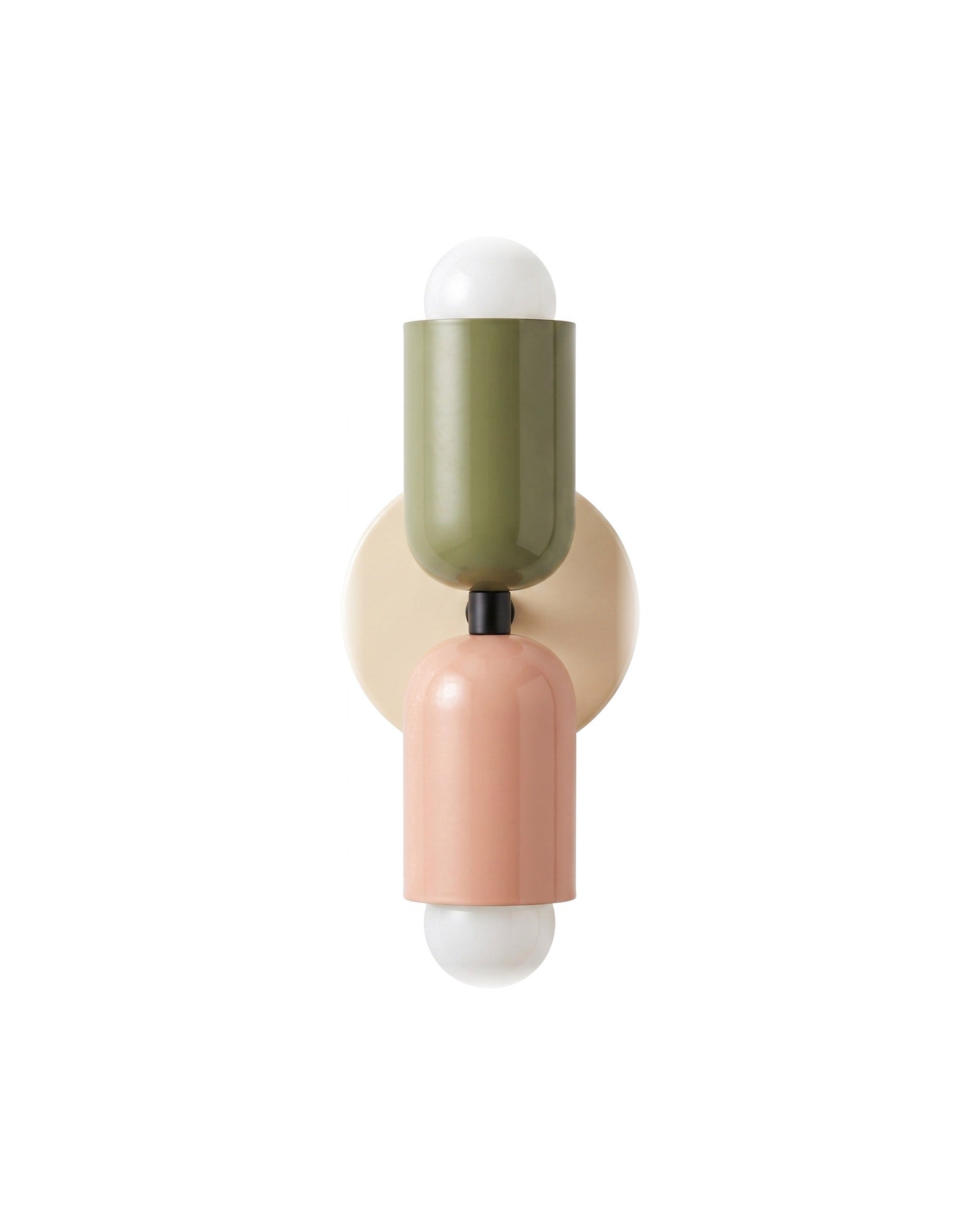 Up-and-down wall light, green top shade, pink bottom shade, cream backplate, on a white background