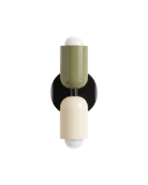 Up-and-down wall light, green top shade, white bottom shade, black backplate, on a white background