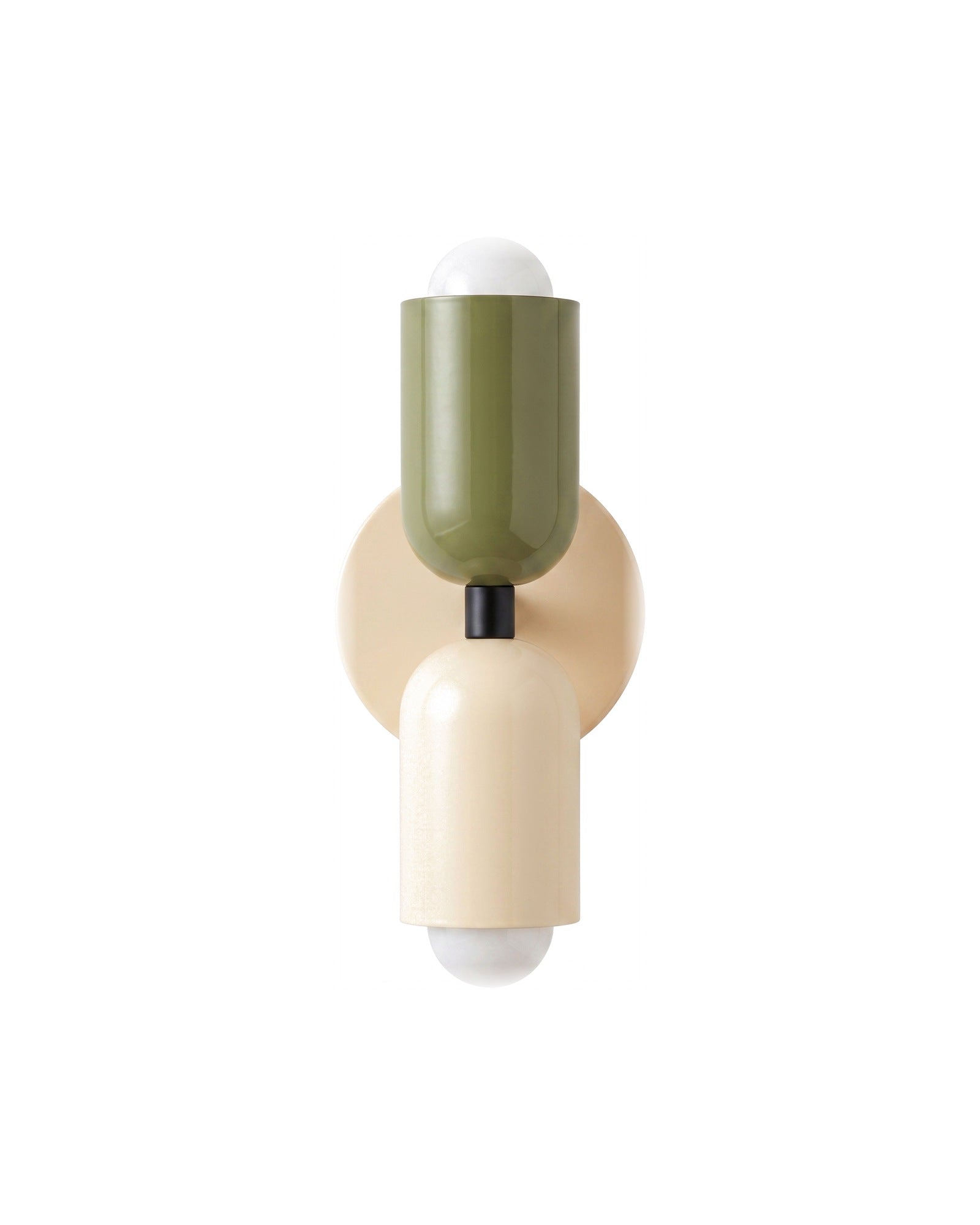 Up-and-down wall light, green top shade, white bottom shade, cream backplate, on a white background