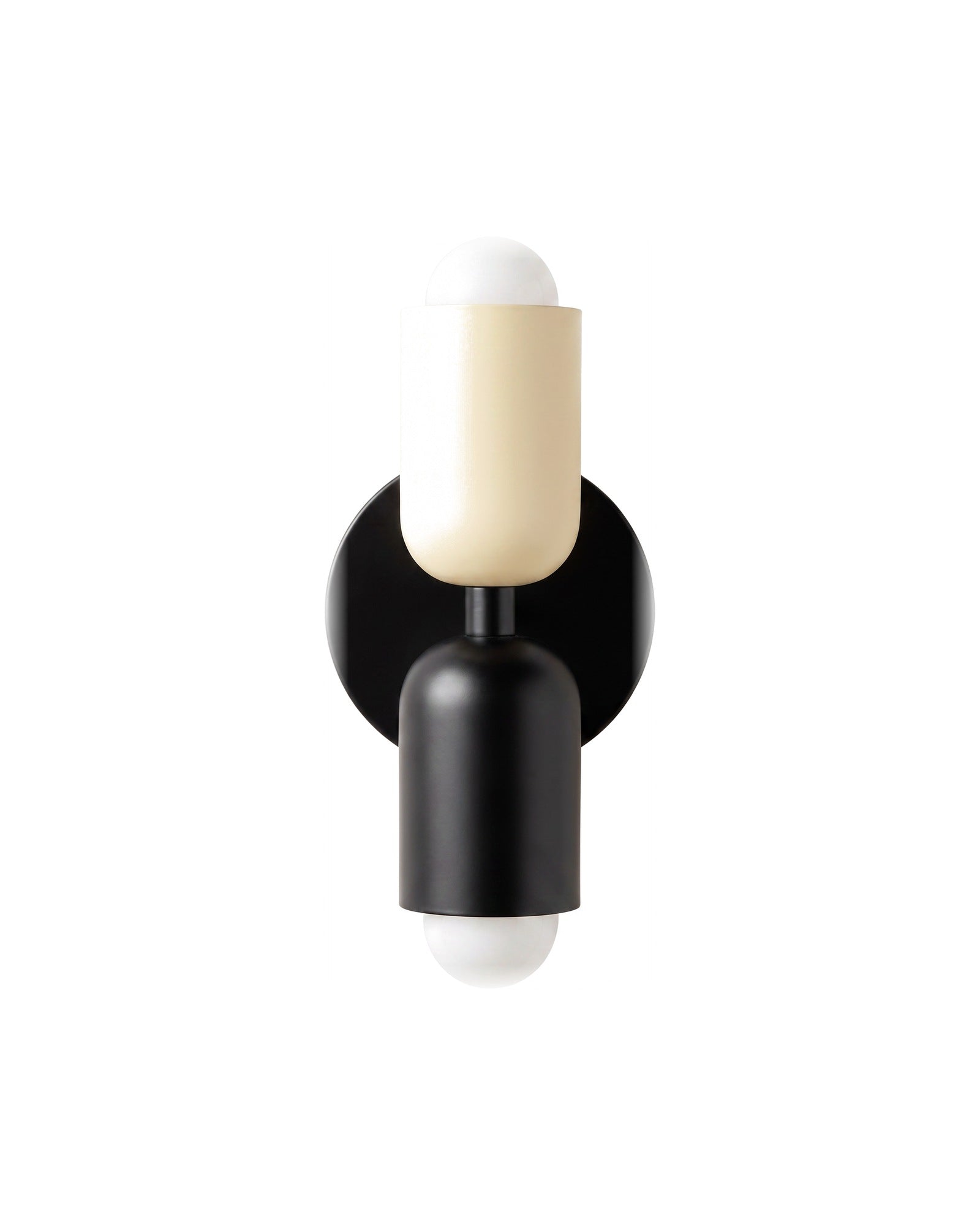 Up-and-down wall light, white top shade, black bottom shade, black backplate, on a white background