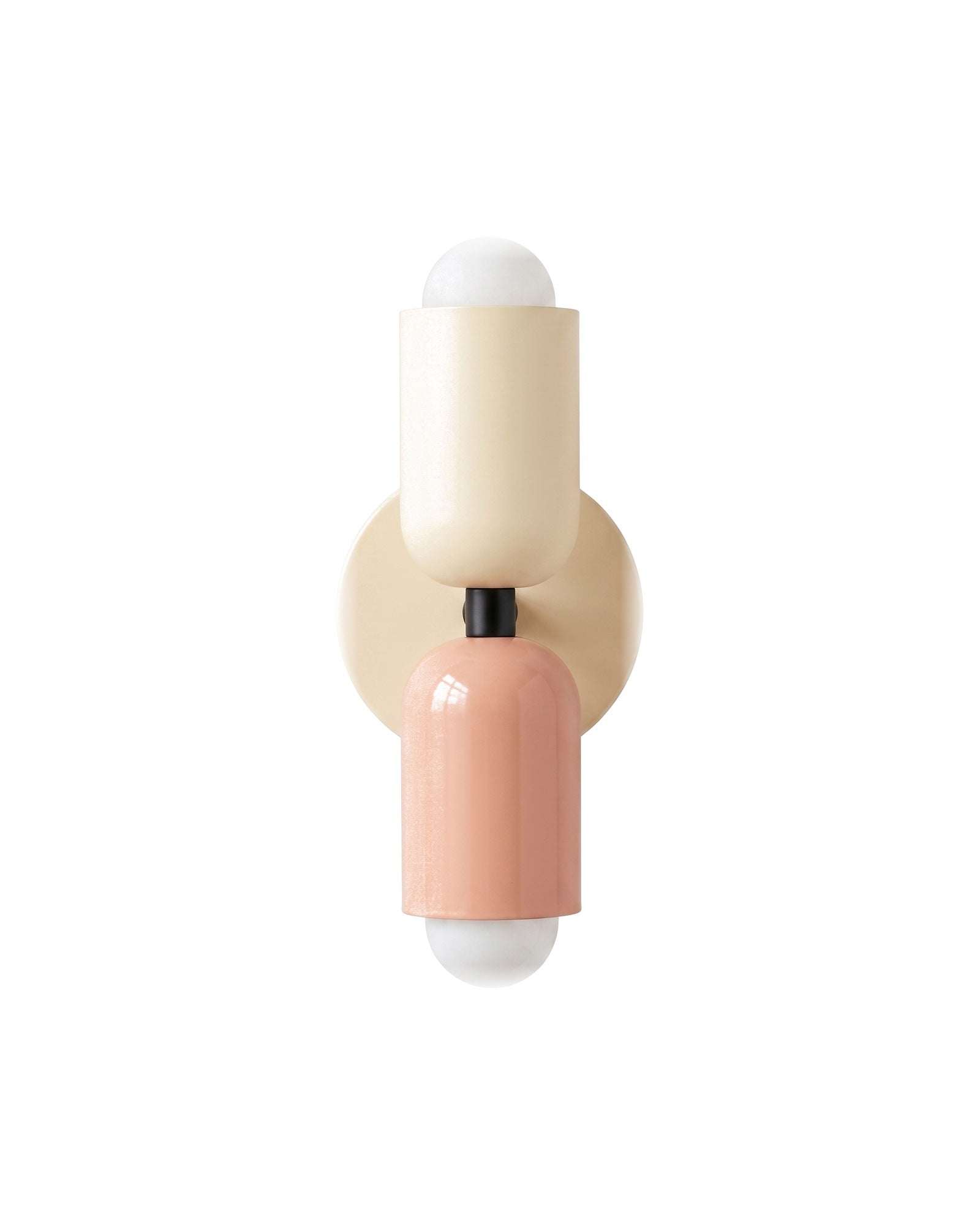 Up-and-down wall light, white top shade, pink bottom shade, cream backplate, on a white background