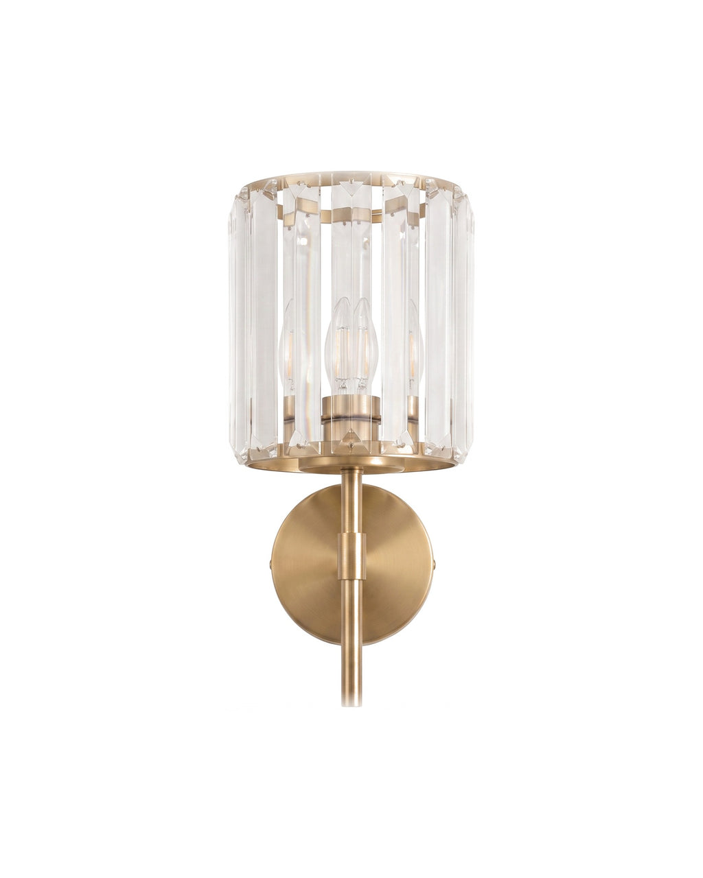 Crystal art deco wall light in satin gold on a white background