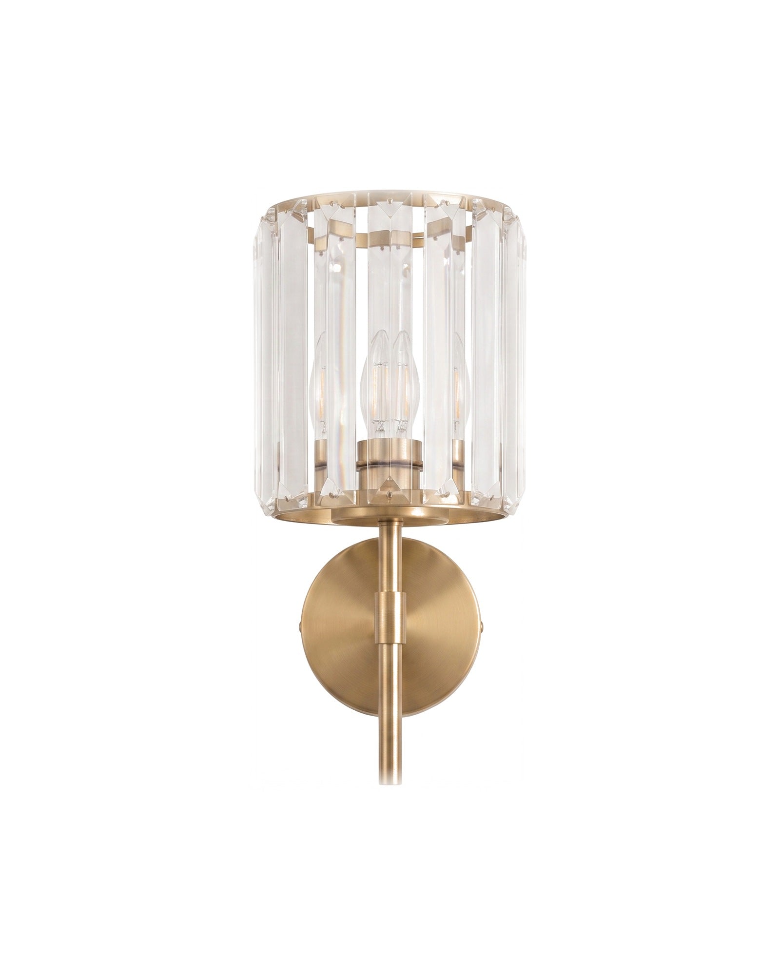 Crystal art deco wall light in satin gold on a white background