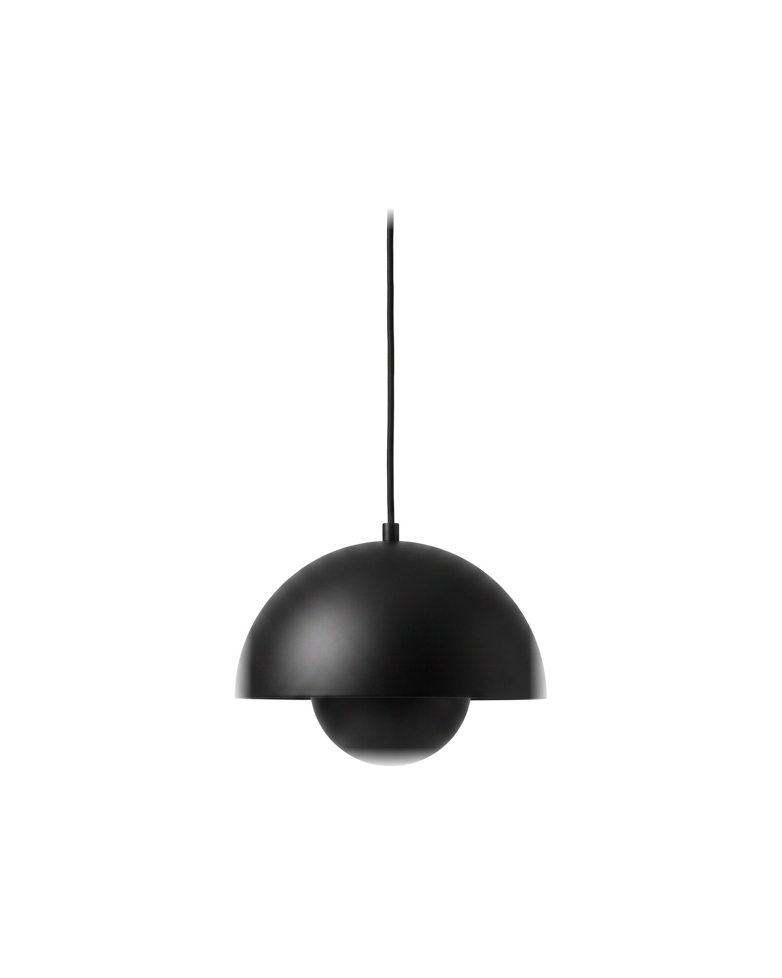 Matte black iron dome pendant light on a white background
