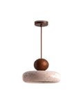 Natural travertine stone and walnut round pendant light on a white background