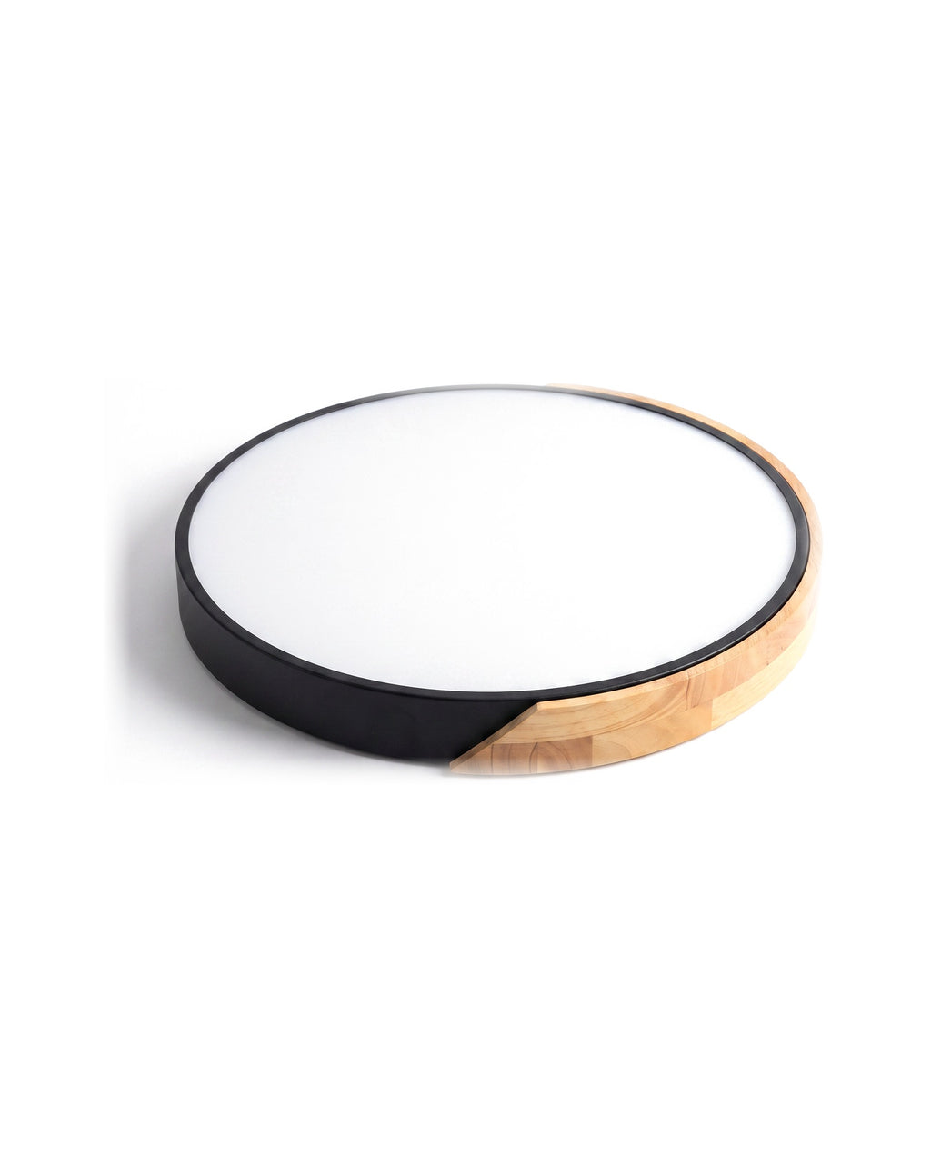 Black ultra-thin wood-trimmed flush ceiling light on a white background