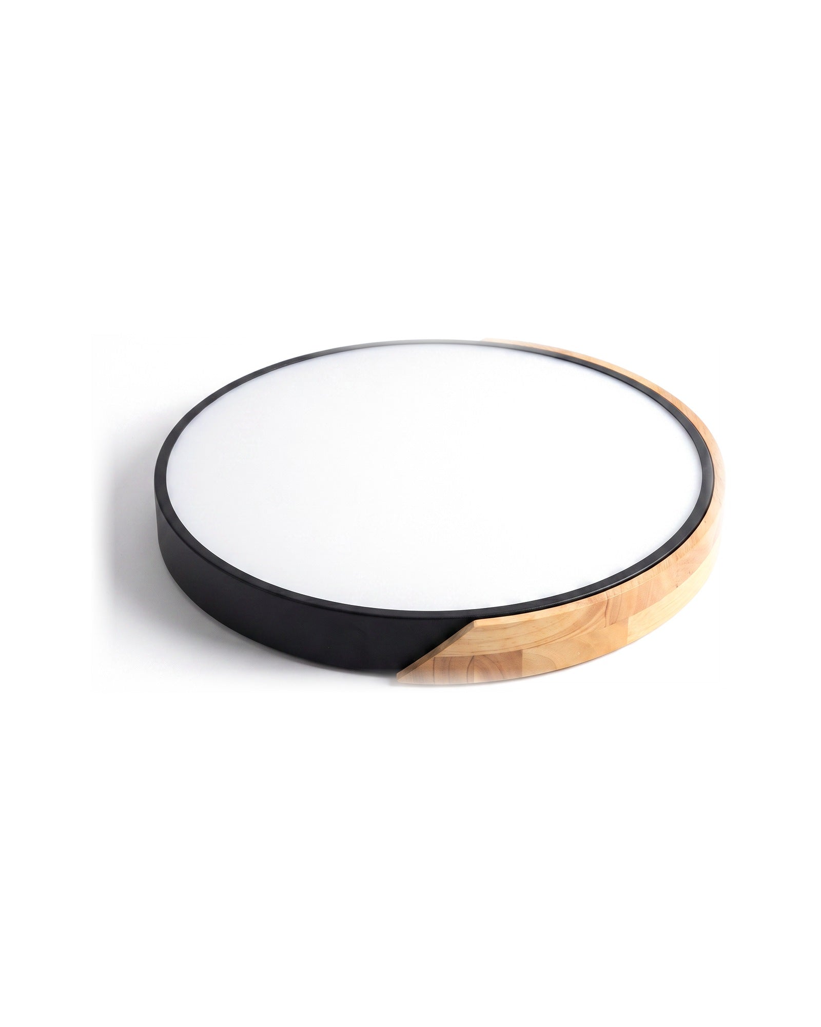 Black ultra-thin wood-trimmed flush ceiling light on a white background