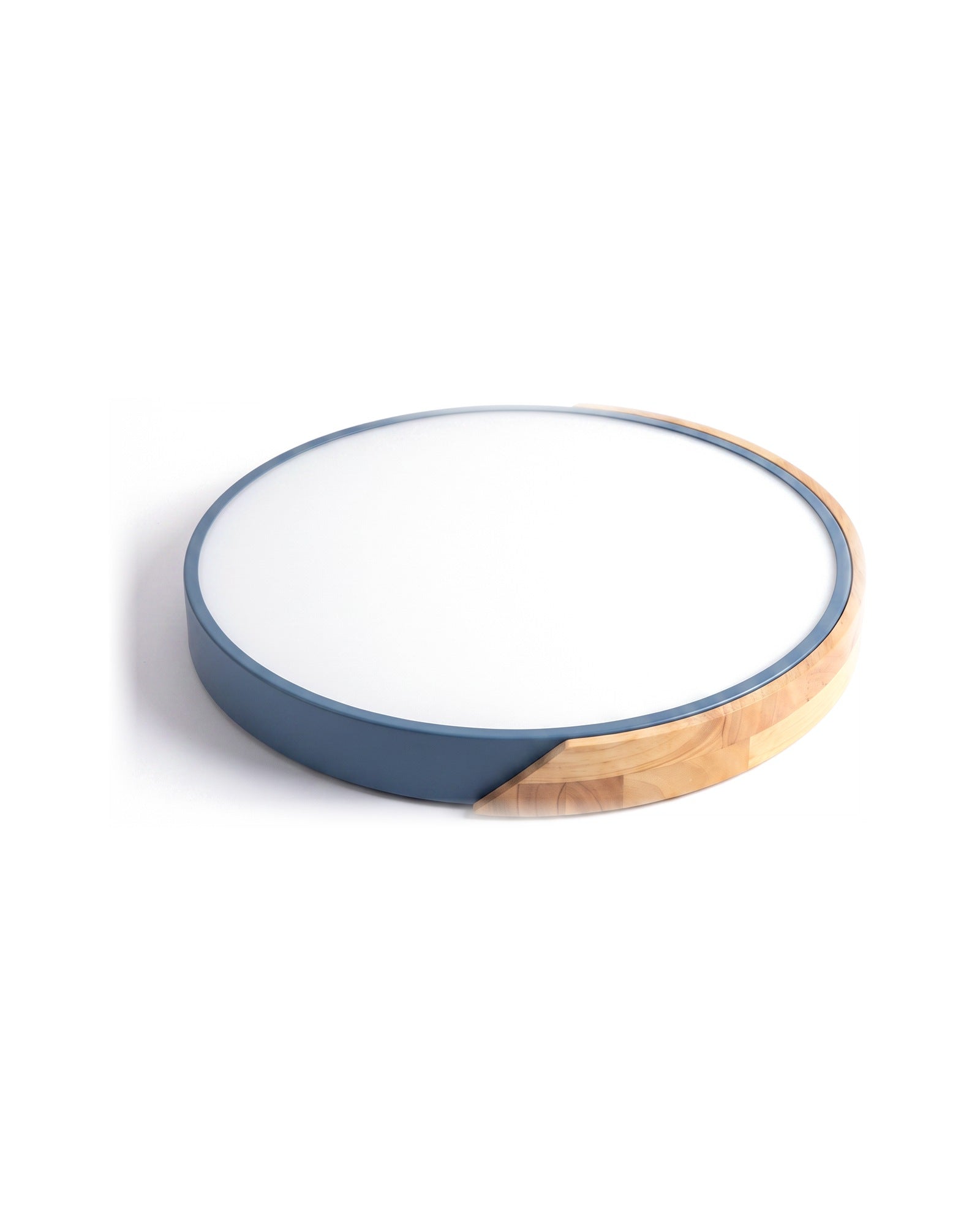 Blue ultra-thin wood-trimmed flush ceiling light on a white background