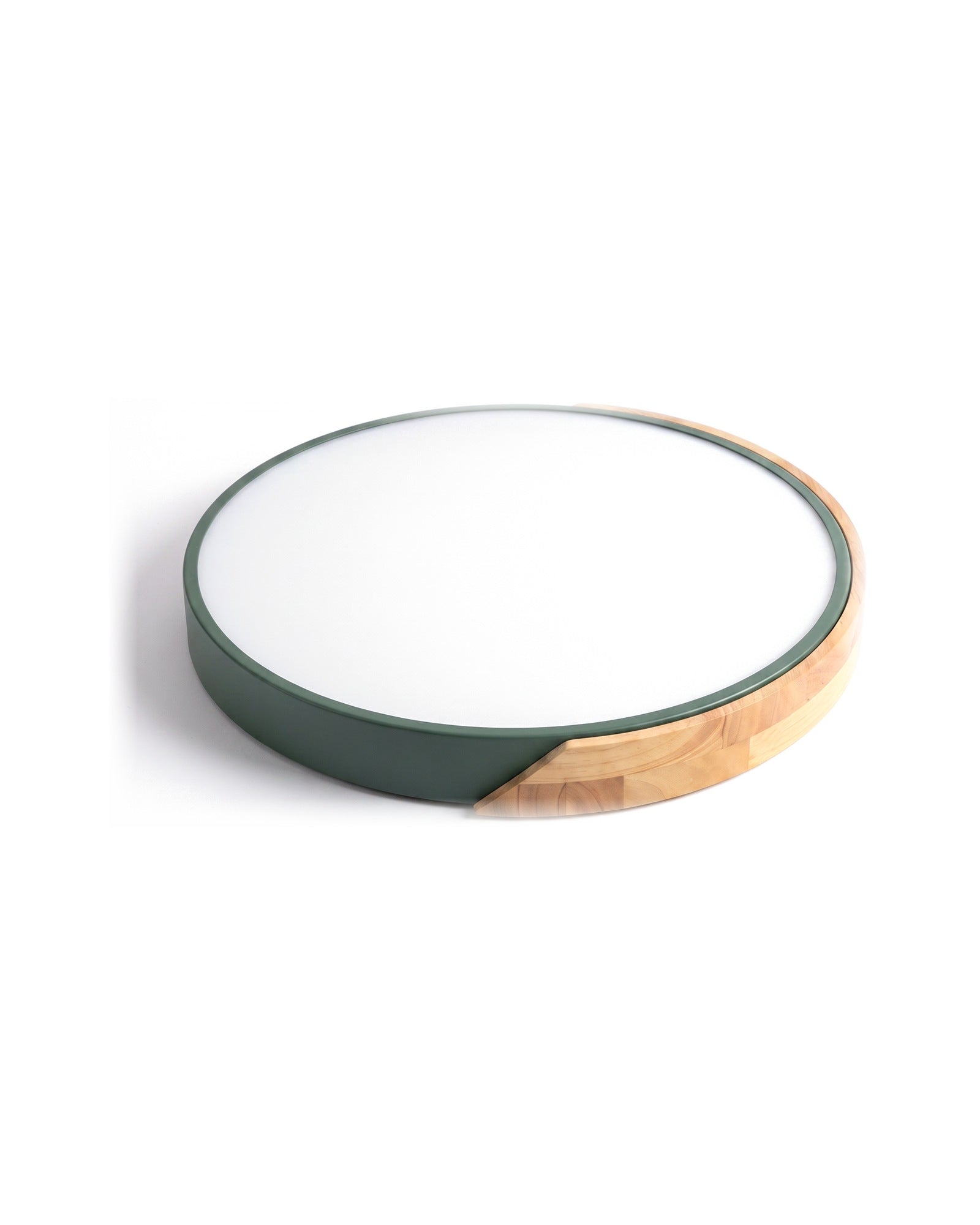 Green ultra-thin wood-trimmed flush ceiling light on a white background