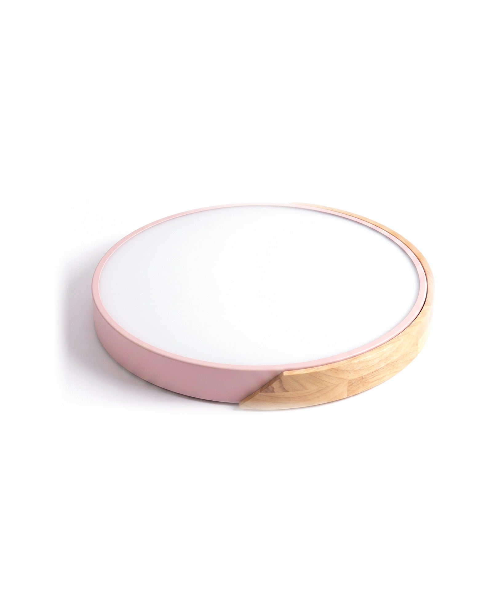 Pink ultra-thin wood-trimmed flush ceiling light on a white background