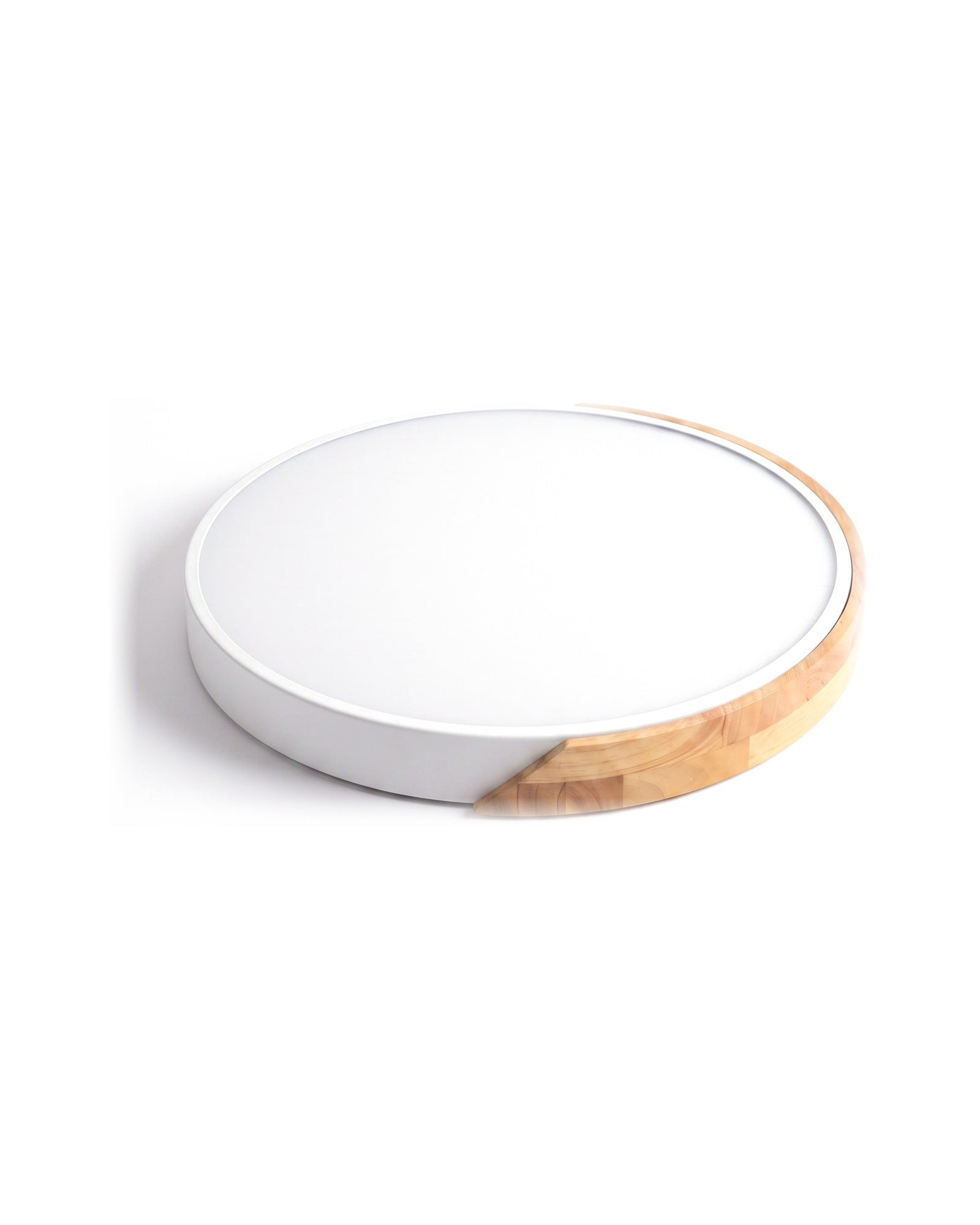 White ultra-thin wood-trimmed flush ceiling light on a white background