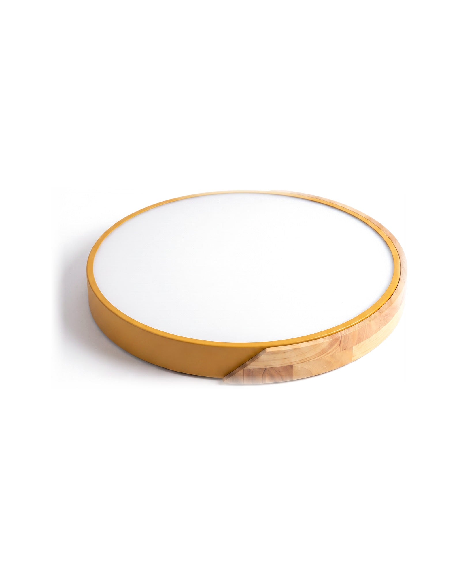 Yellow ultra-thin wood-trimmed flush ceiling light on a white background