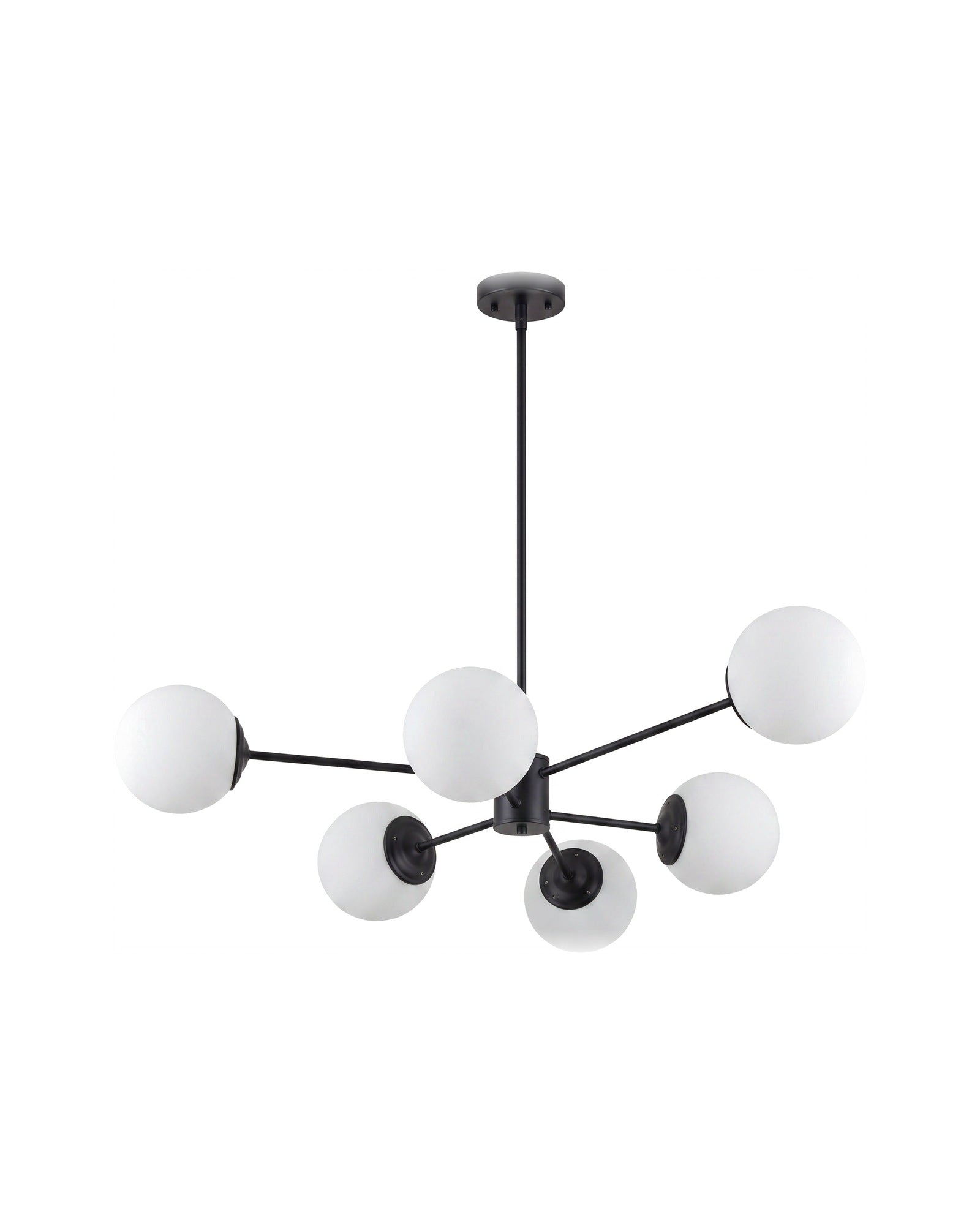 Black six-light opal globe chandelier on a white background