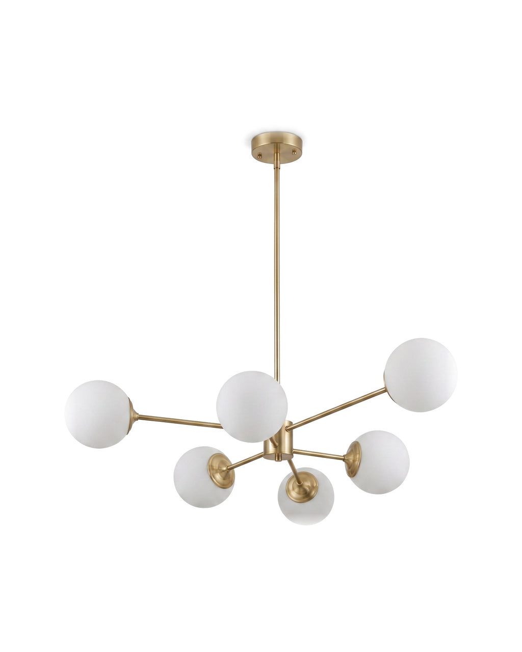 Brass six-light opal globe chandelier on a white background