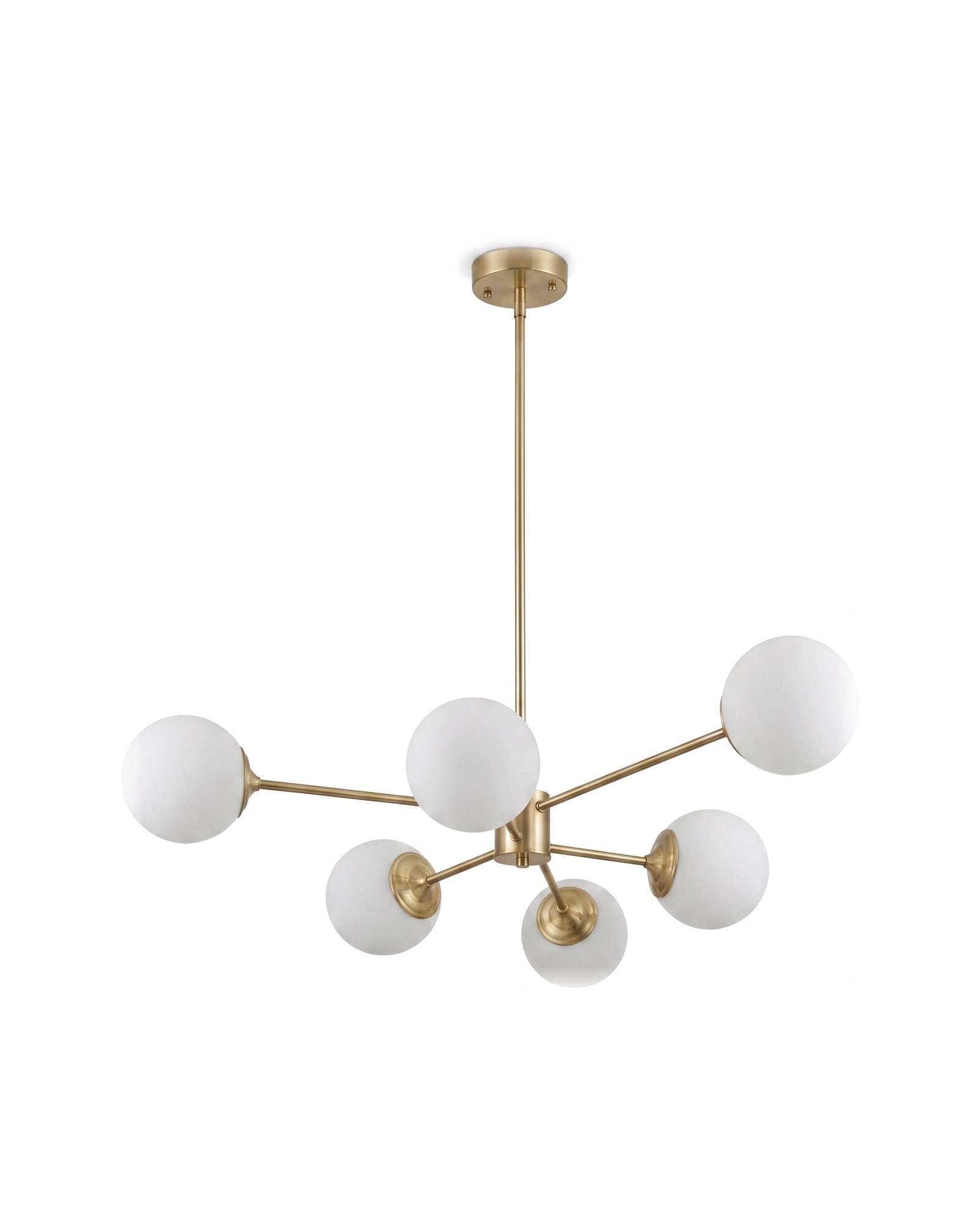 Brass six-light opal globe chandelier on a white background