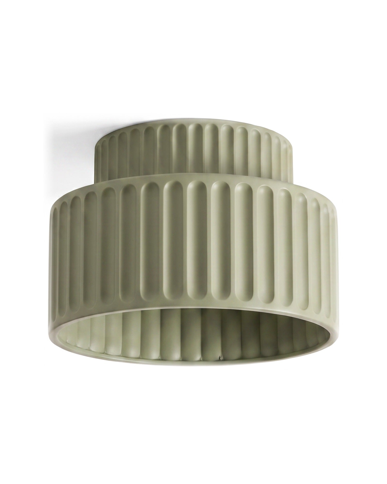Soft green pleated bowl flush mount ceiling light on a white background