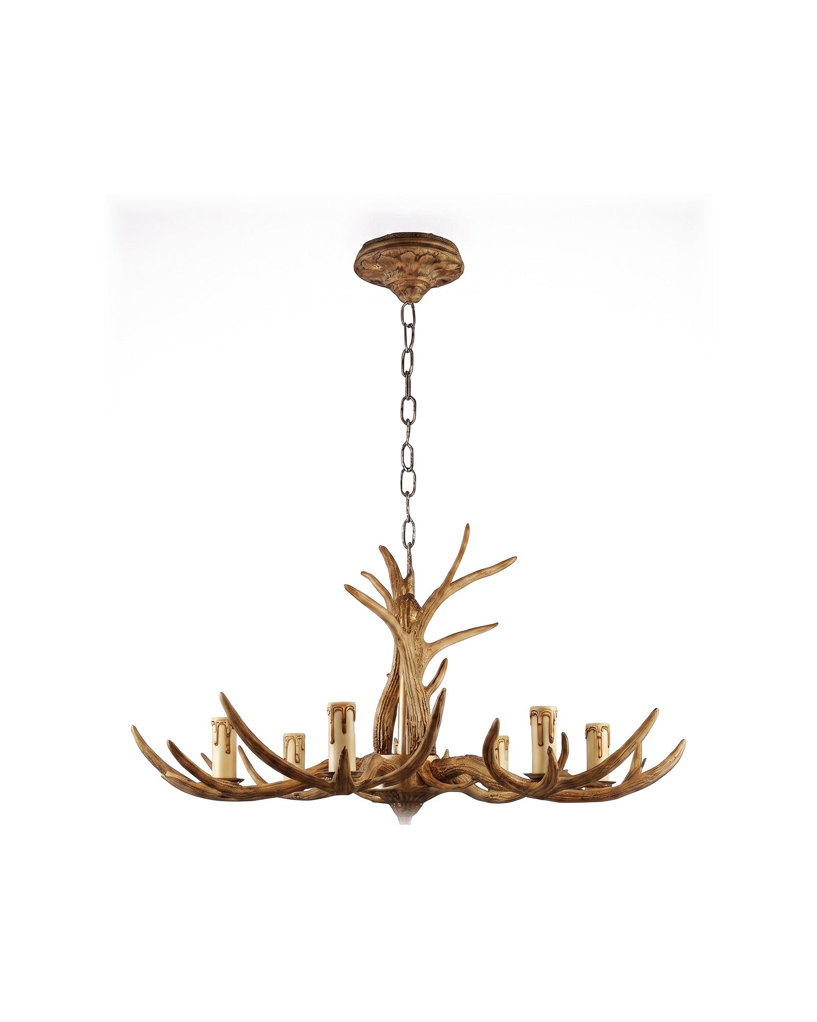 Rustic six-light antler chandelier on a white background