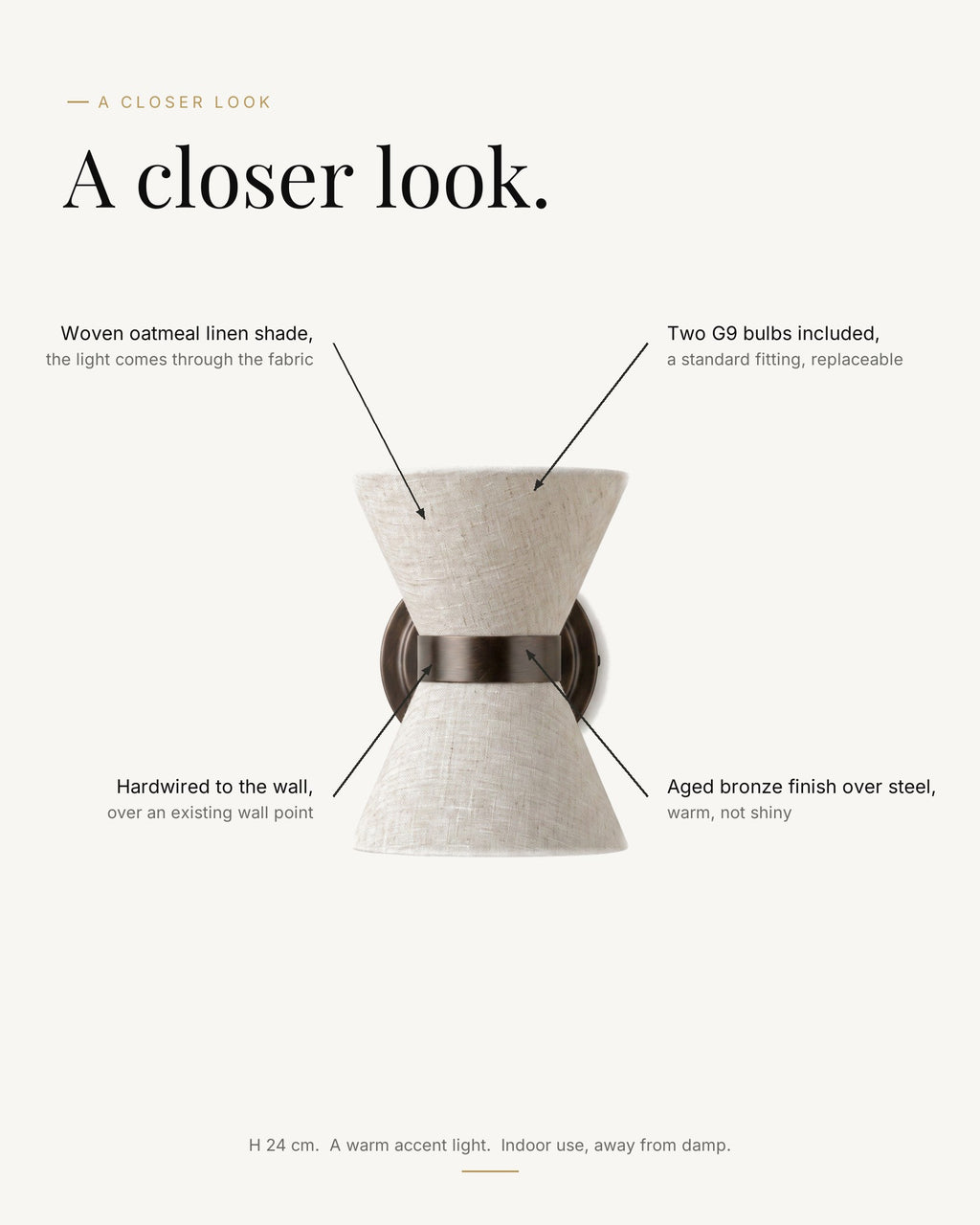 A closer look at the Halston: woven oatmeal linen shade, aged bronze finish over steel, two G9 bulbs included, hardwired to the wall