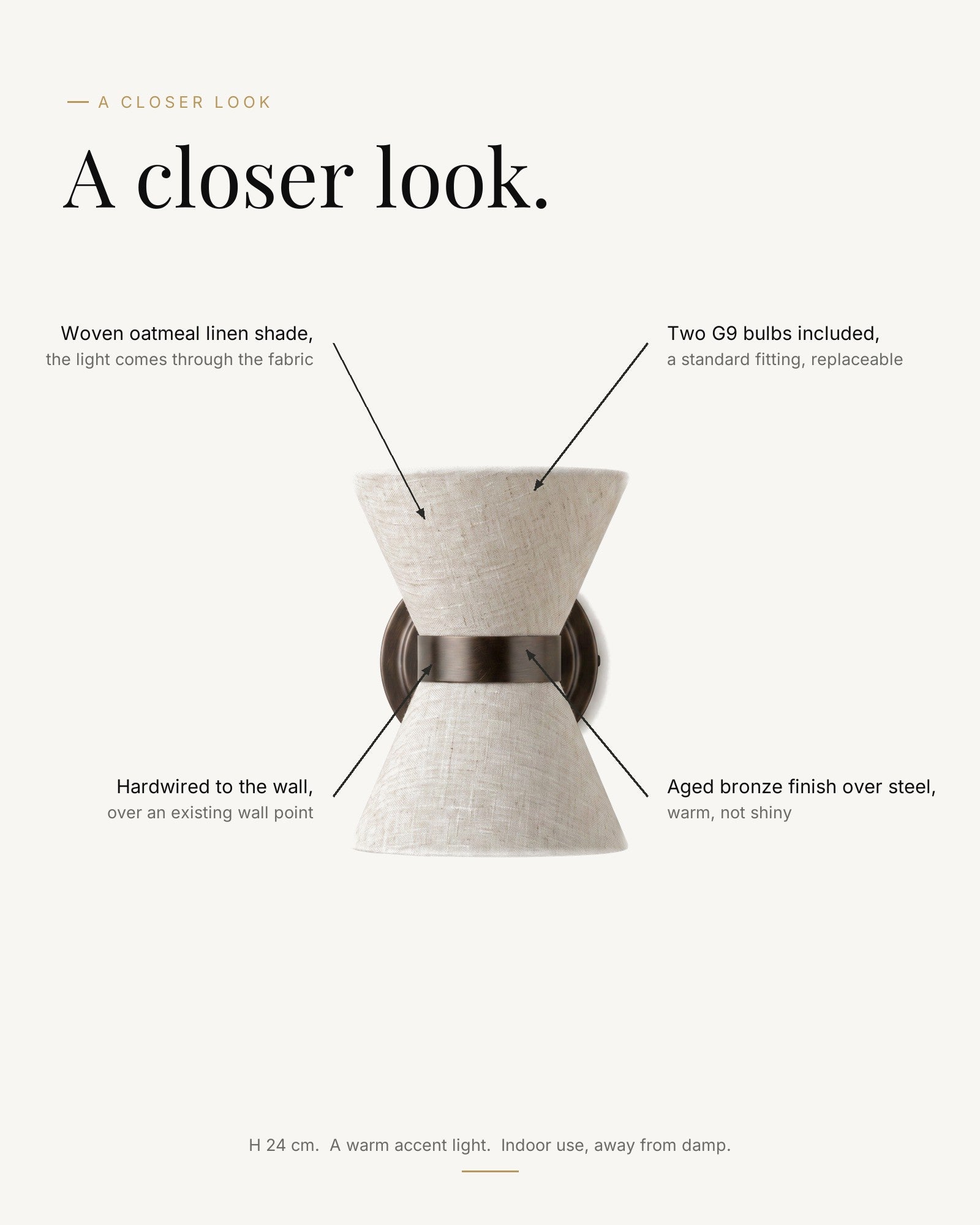 A closer look at the Halston: woven oatmeal linen shade, aged bronze finish over steel, two G9 bulbs included, hardwired to the wall